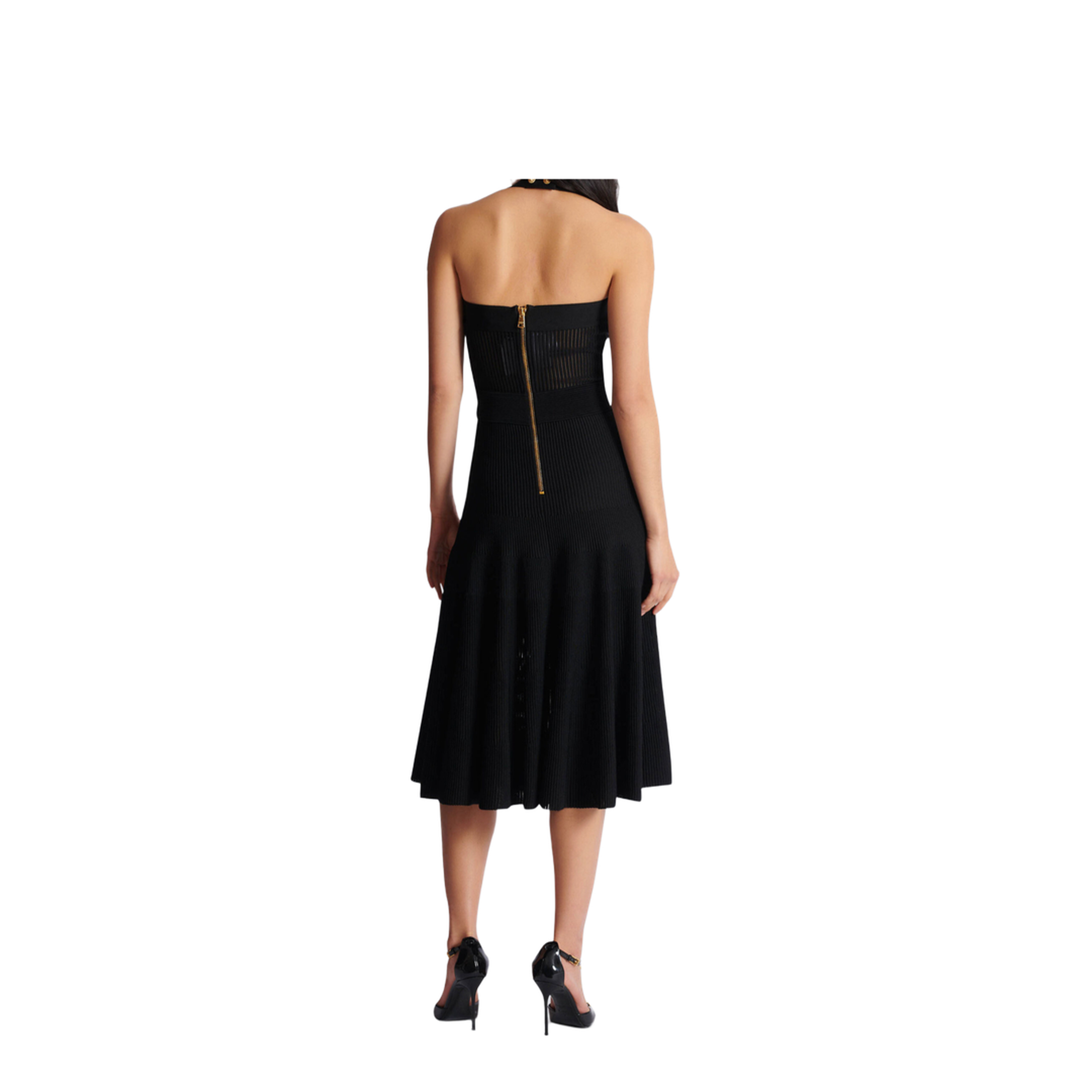 Halterneck Pleated Knit Midi Dress Black