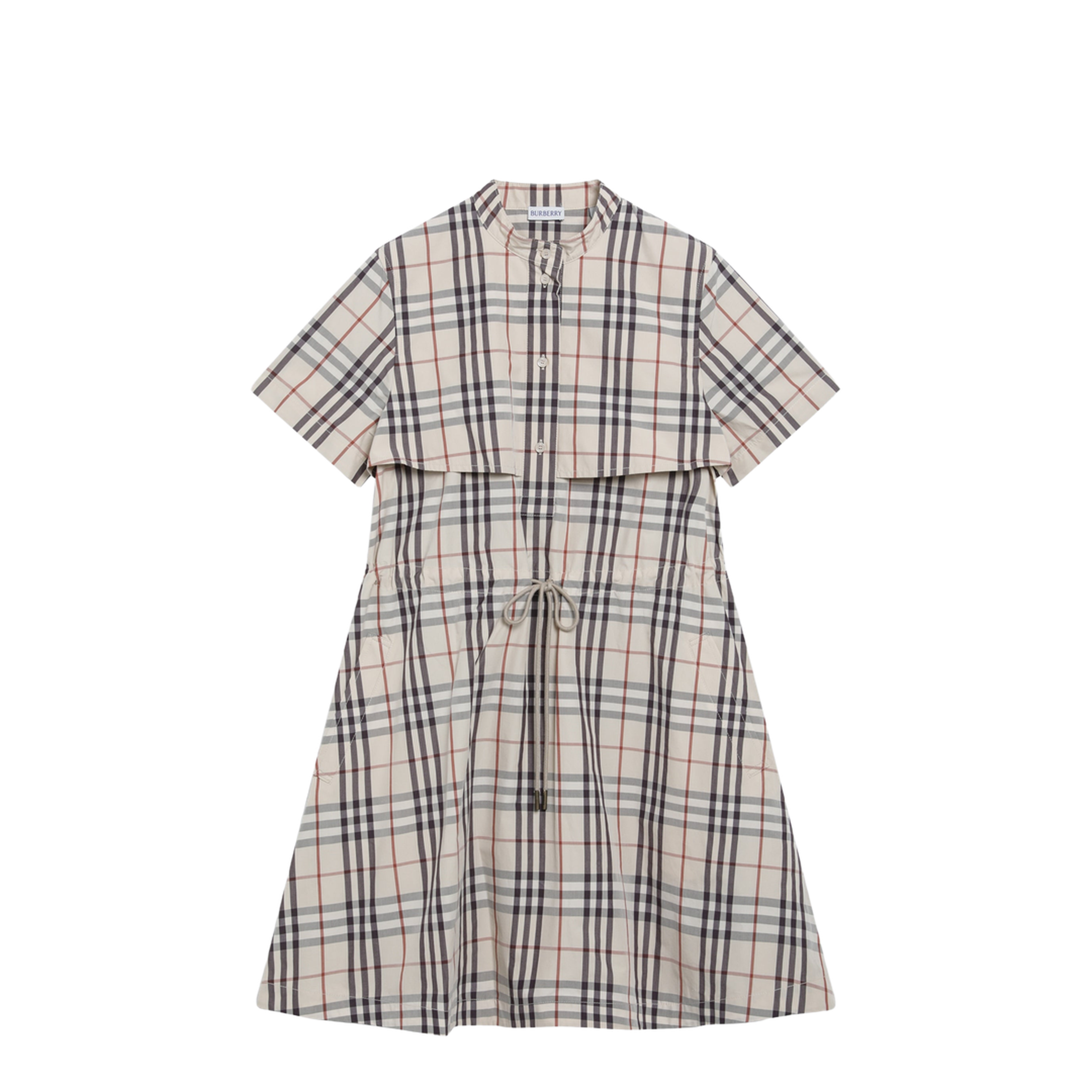 Beige Check Short-Sleeve Cotton Dress