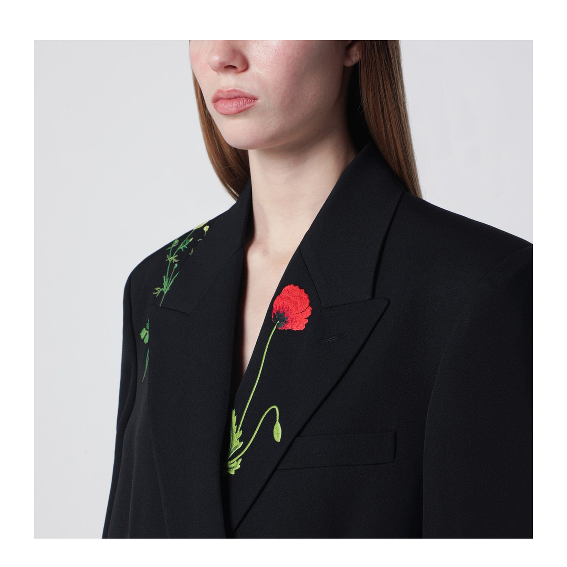 Black Double-Breasted Jacket with Floral Embroidery