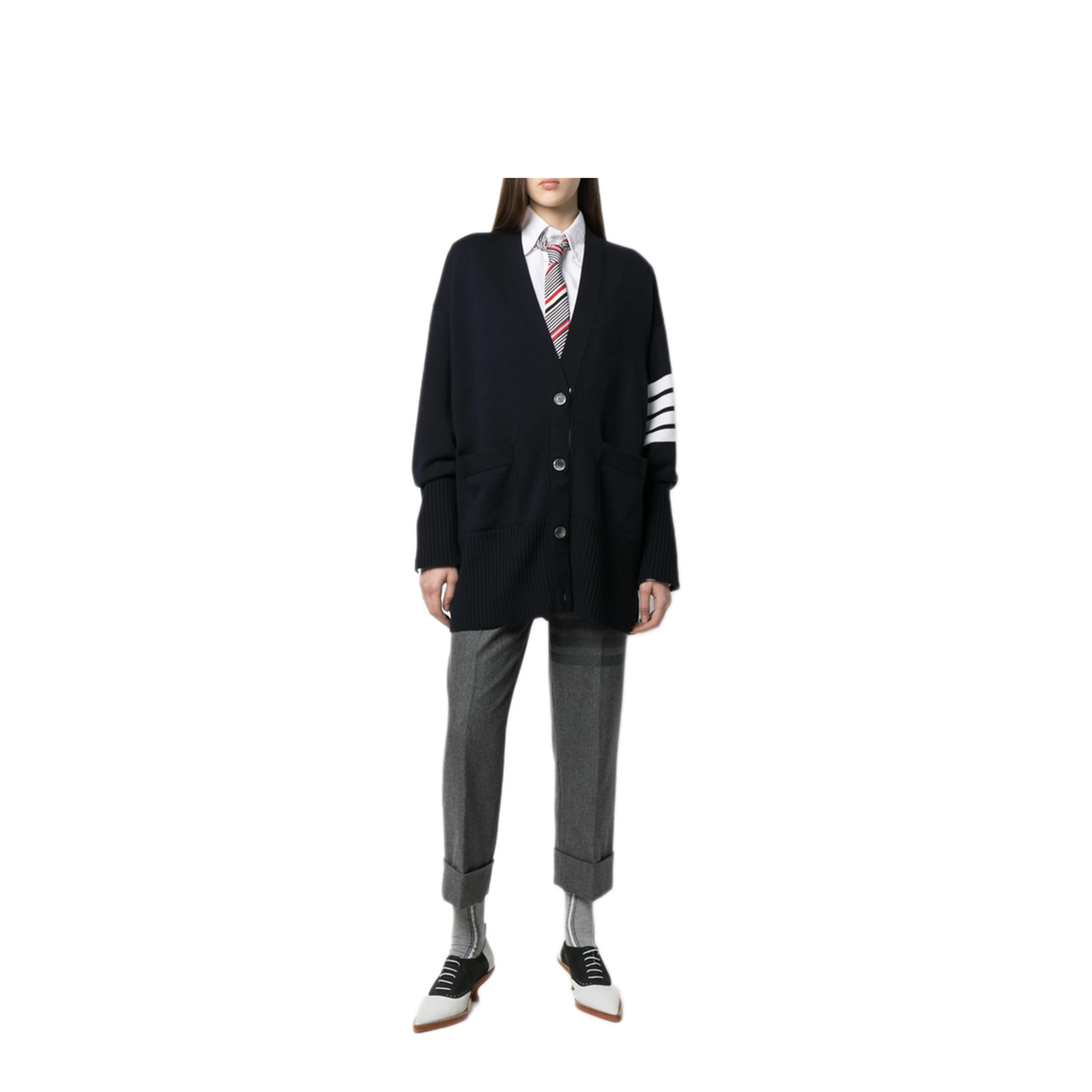 MAYFEYR - Thom Browne - Exaggerated Fit V Neck Cardigan W/ 4 Bar Stripe In Fine Merino Wool - FKC402AY1002415