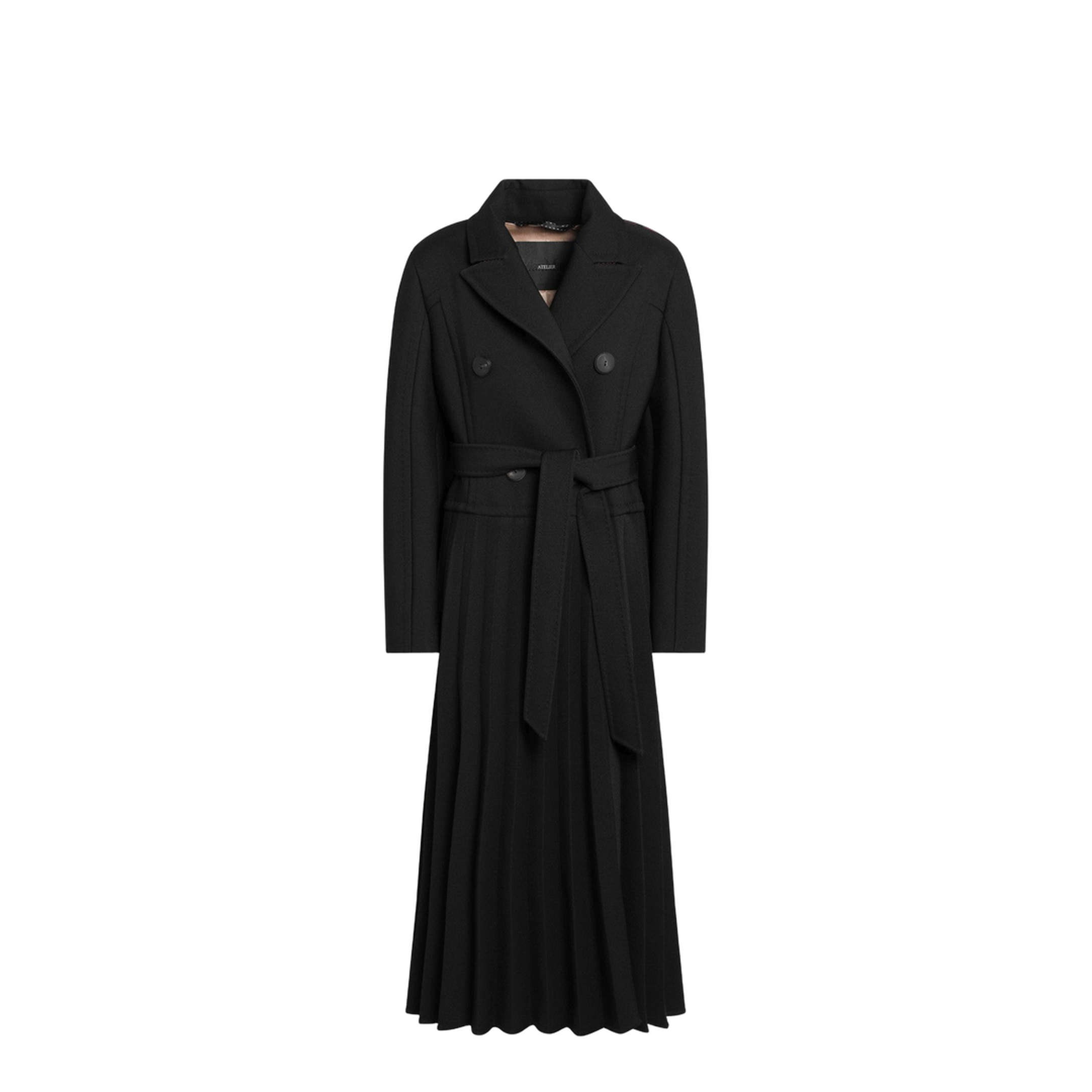 Black Pleated Redingote Coat in Technical Fabric