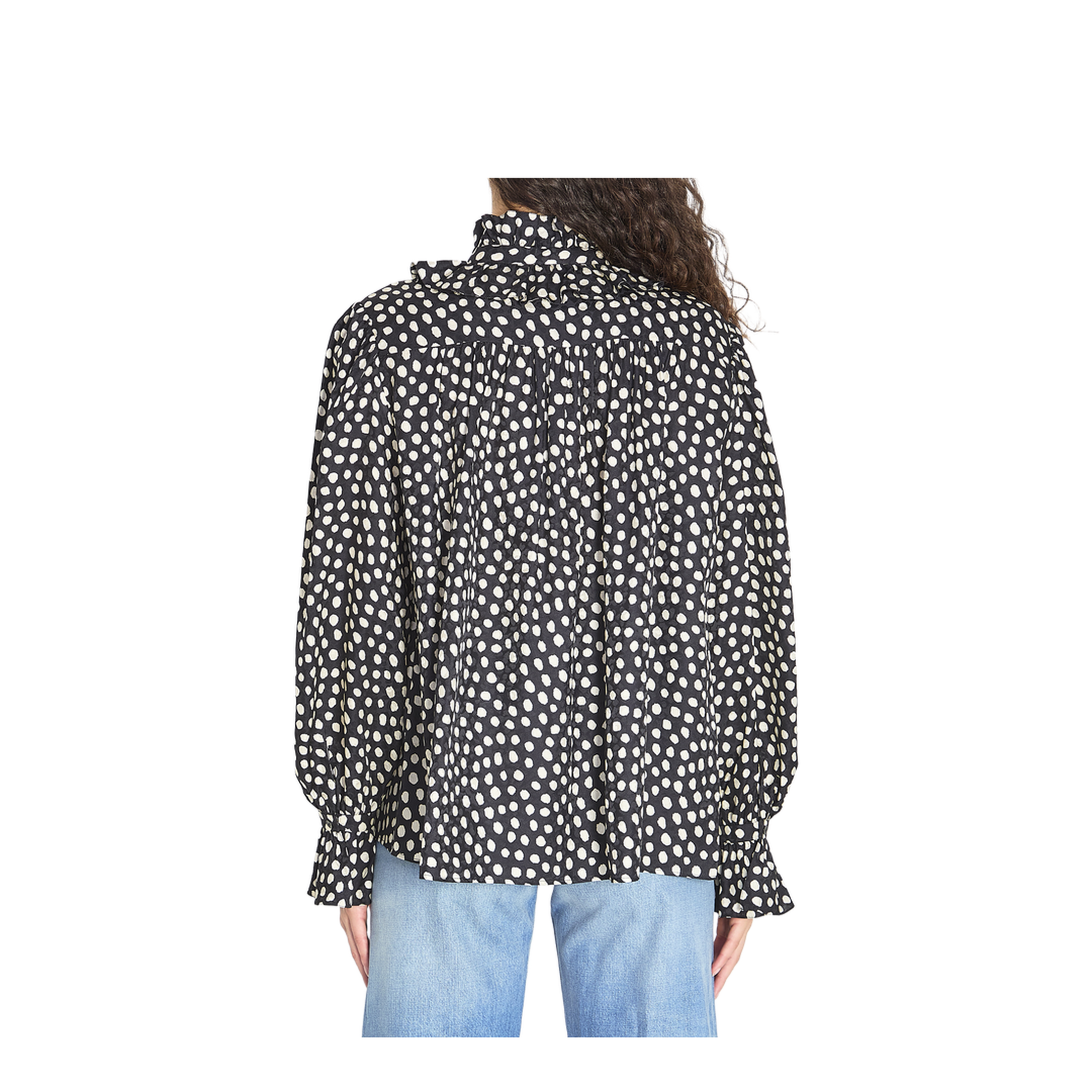 Black Blouse with High Neck and All-Over Polka Dot Motif