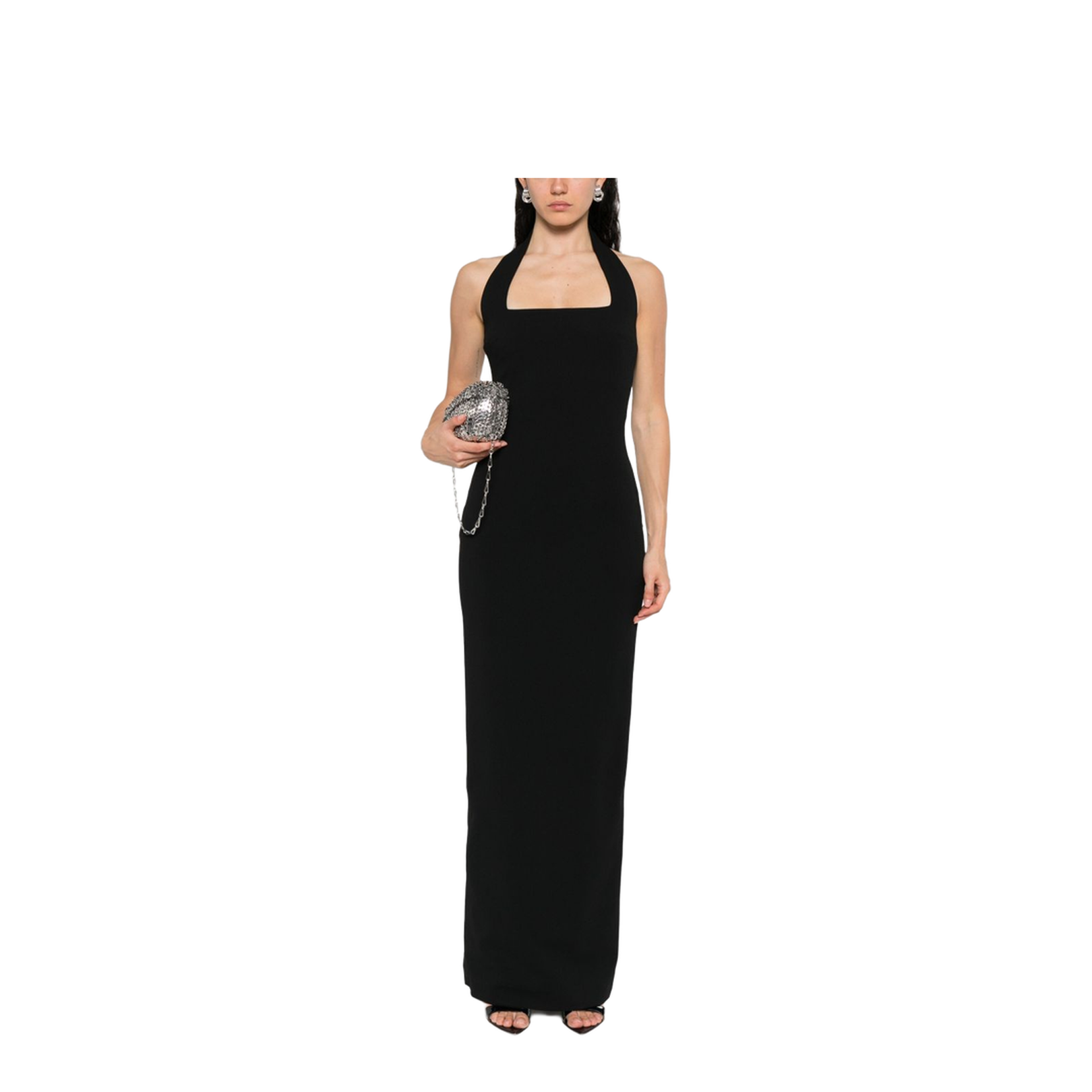 Black Rear Zip Fastening Halterneck Square Neck