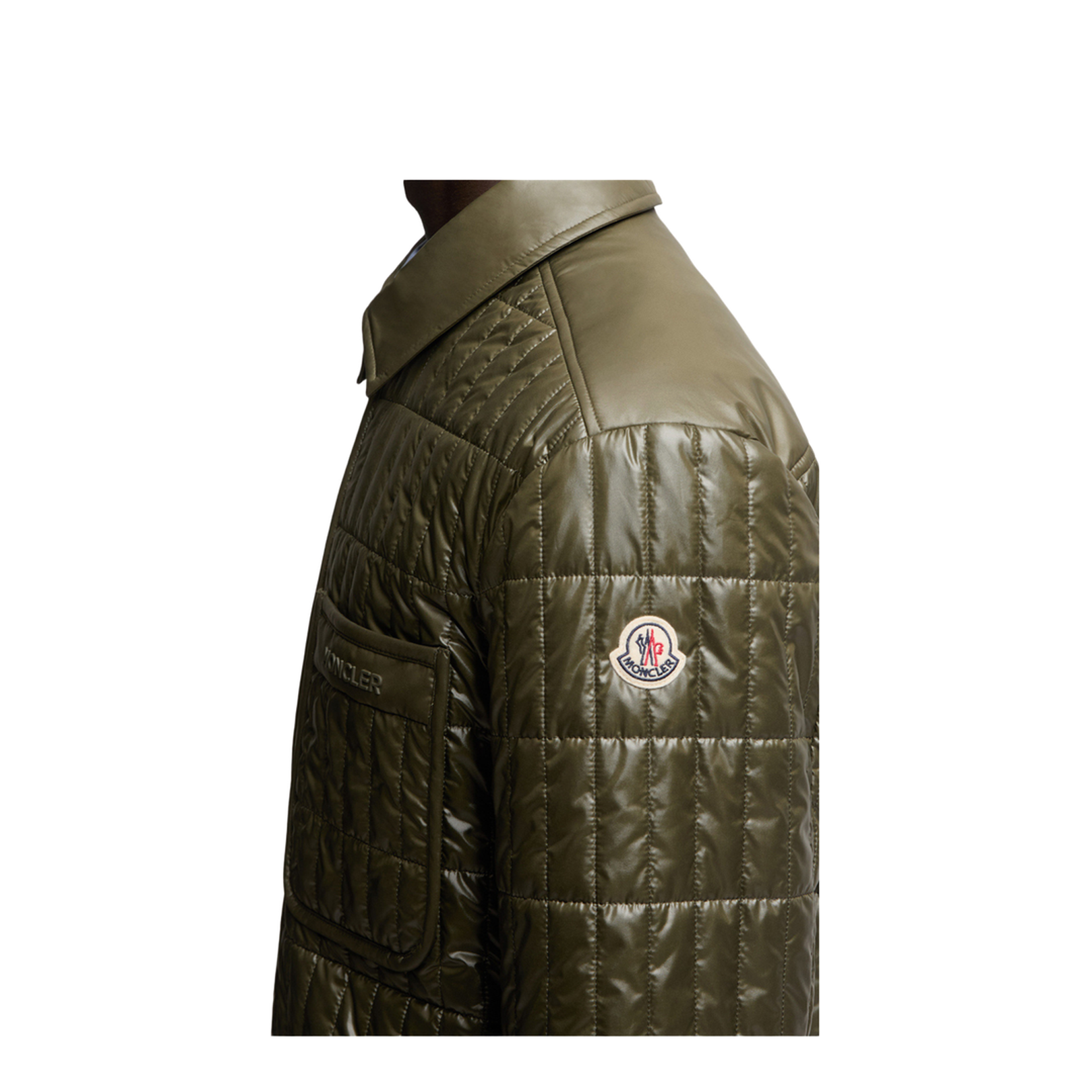 Olive Green Madiere Vertical-Quilted Padded Shirt Jacket