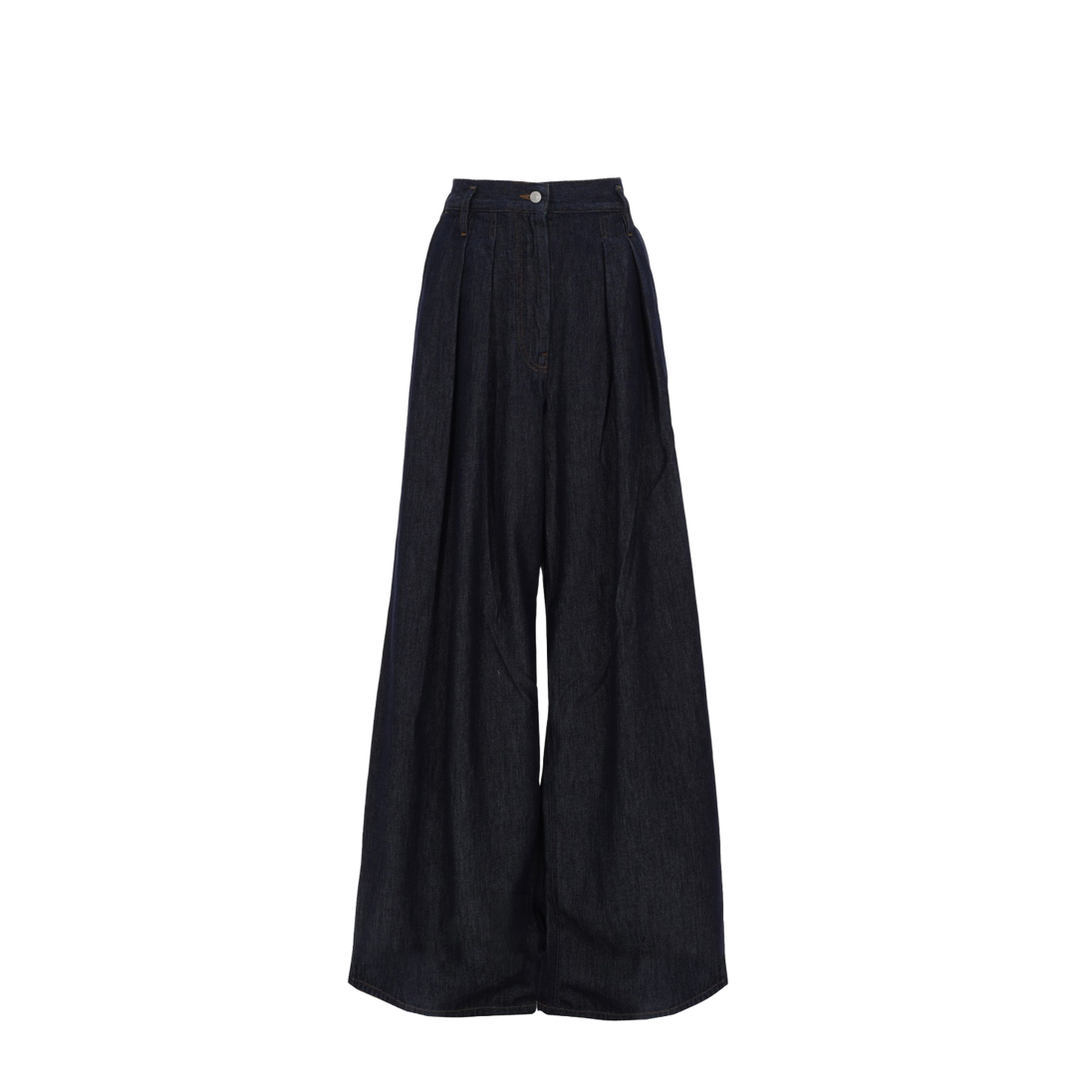 Indigo Denim Wide-Leg Trousers with Pleats