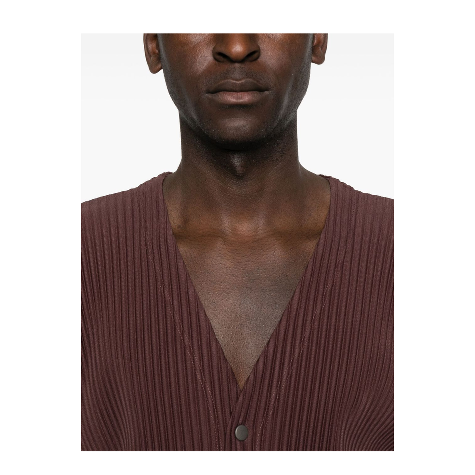 Brown Pleated Texture V-Neck Long Sleeves Button Fastening