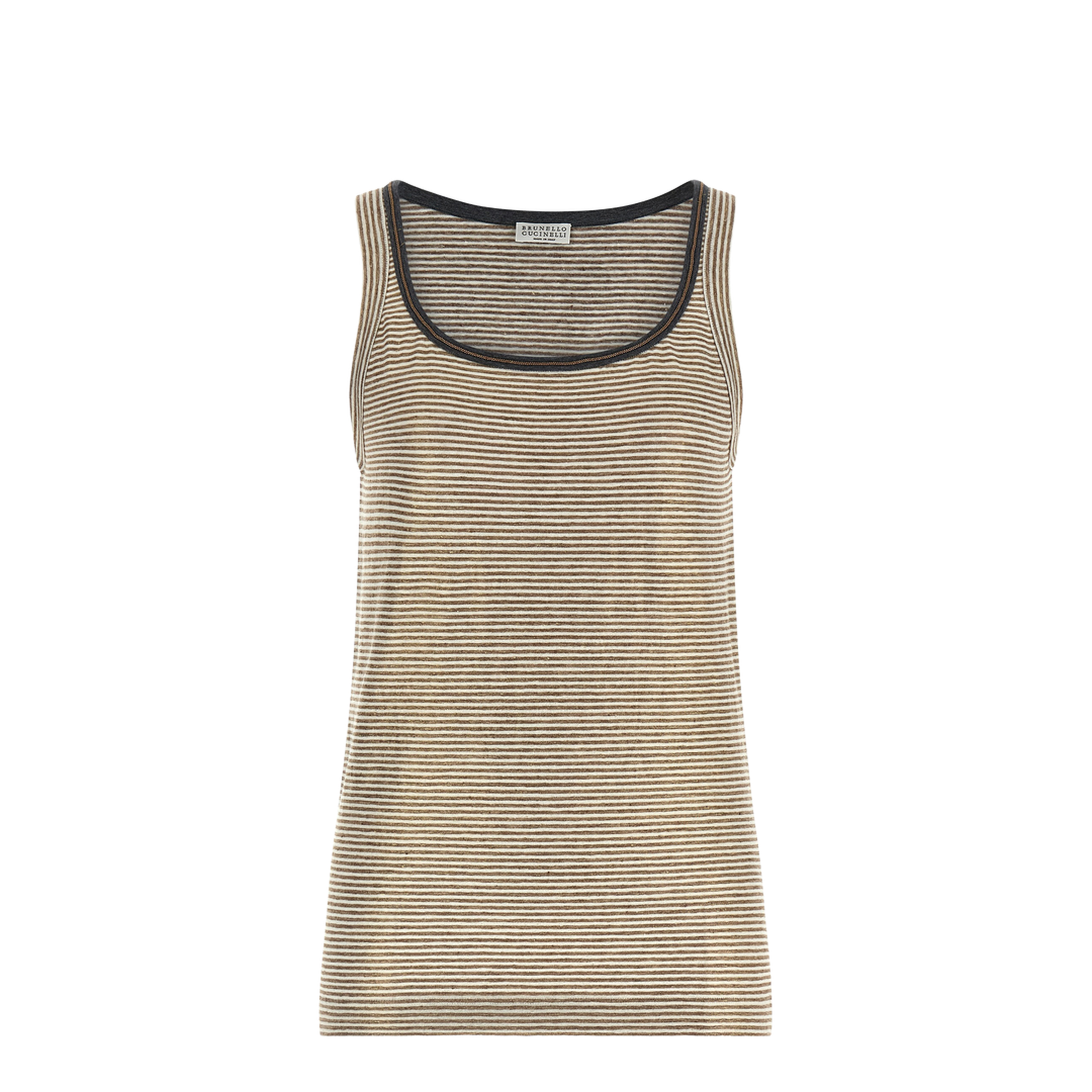 Linen Striped Crew Neck Top with Contrasting Trim and Necklace