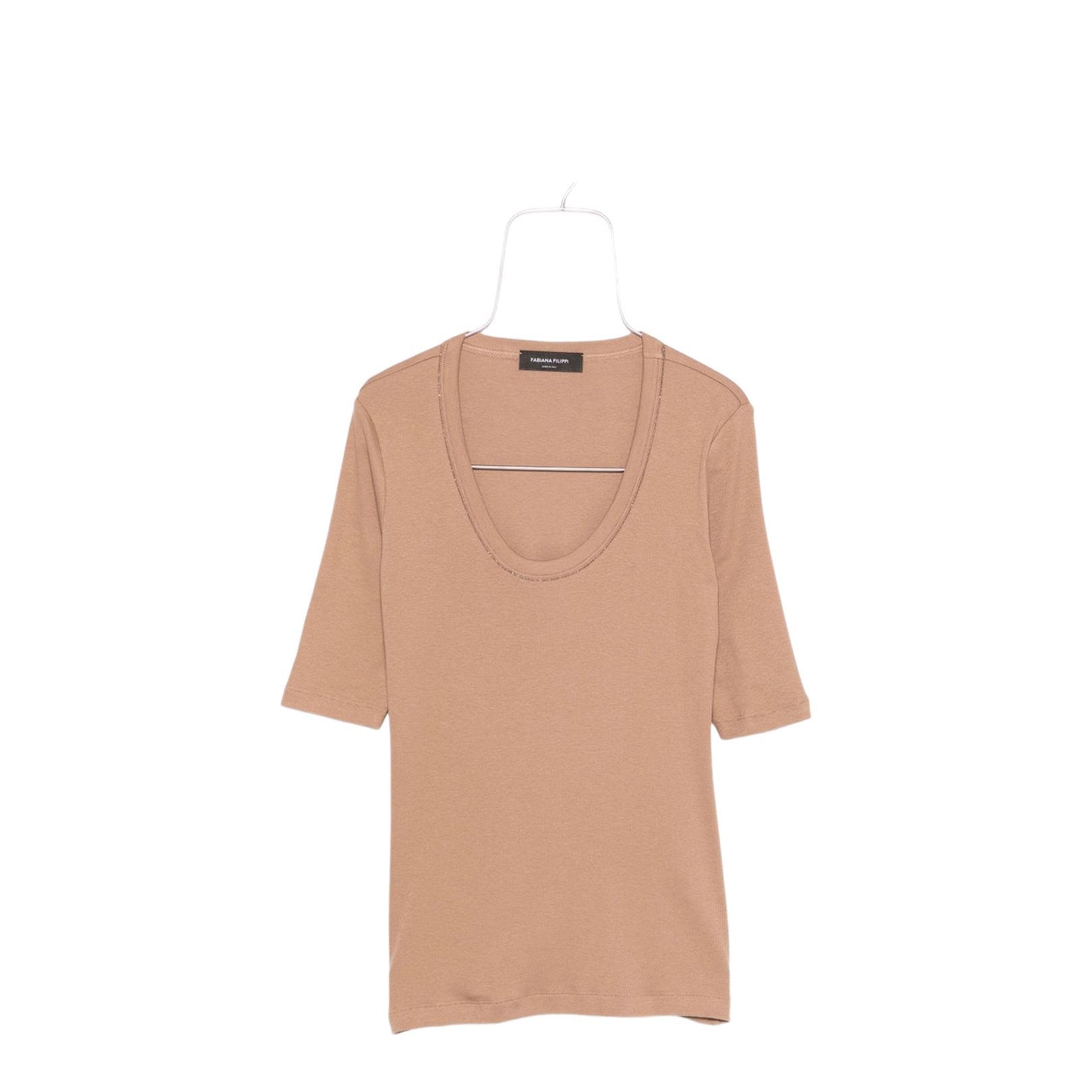 Embellished Cotton-Blend Short Sleeve Top Camel