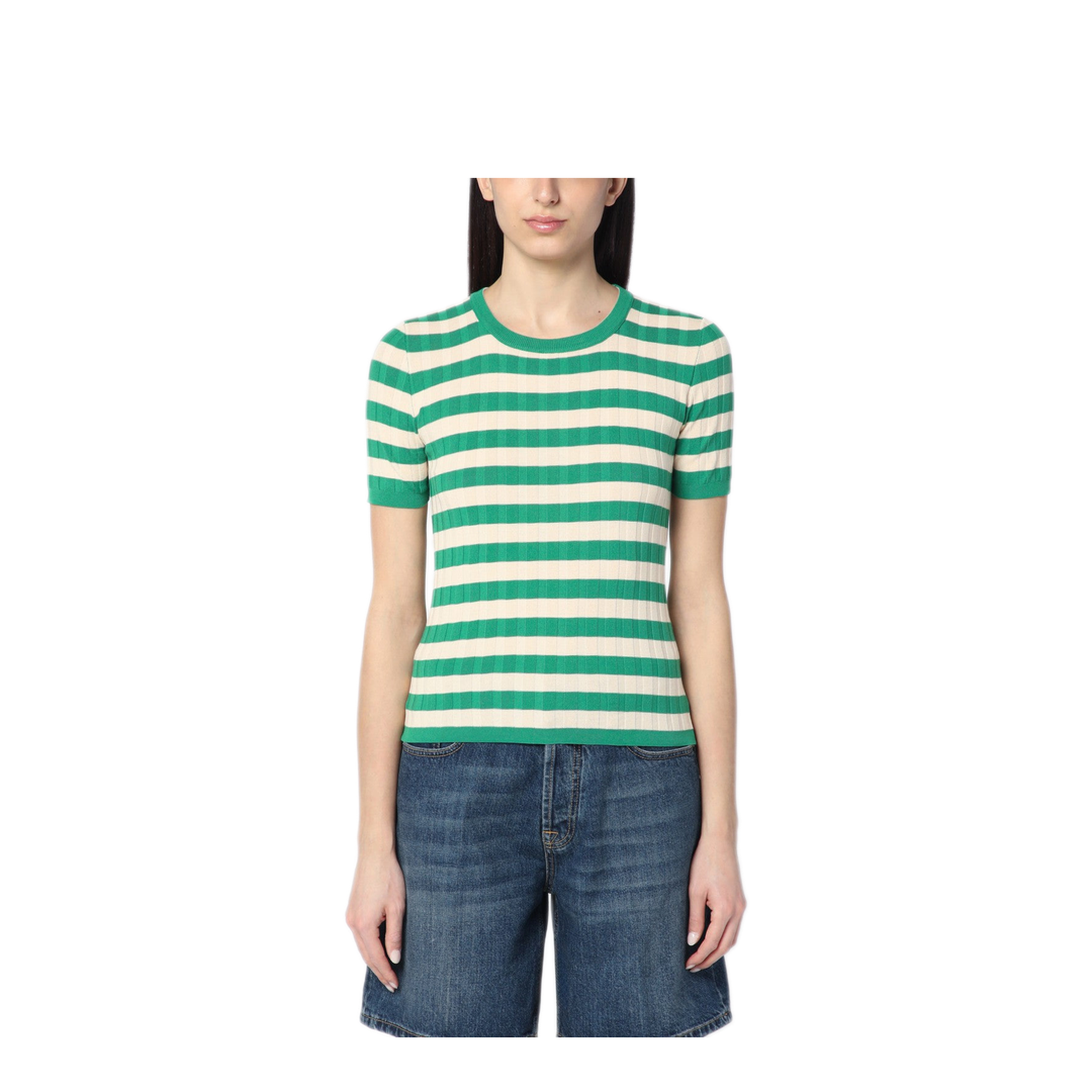 MAYFEYR - Roberto Collina - Green Ivory Striped Sweater In Cotton - B09021B0924