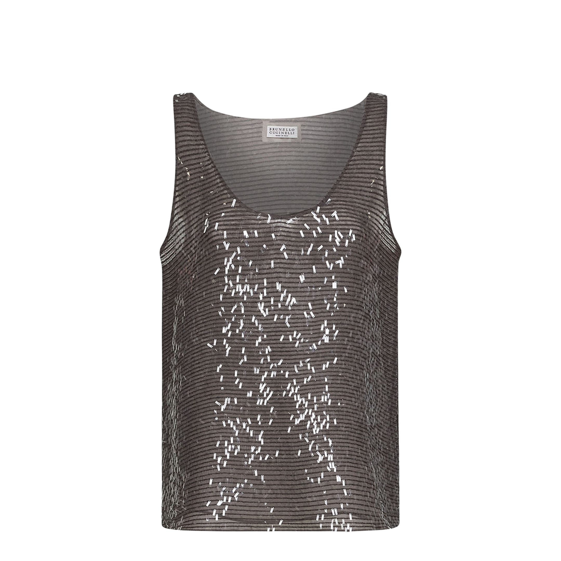 Brown Silk Sequin Top With Round Neck