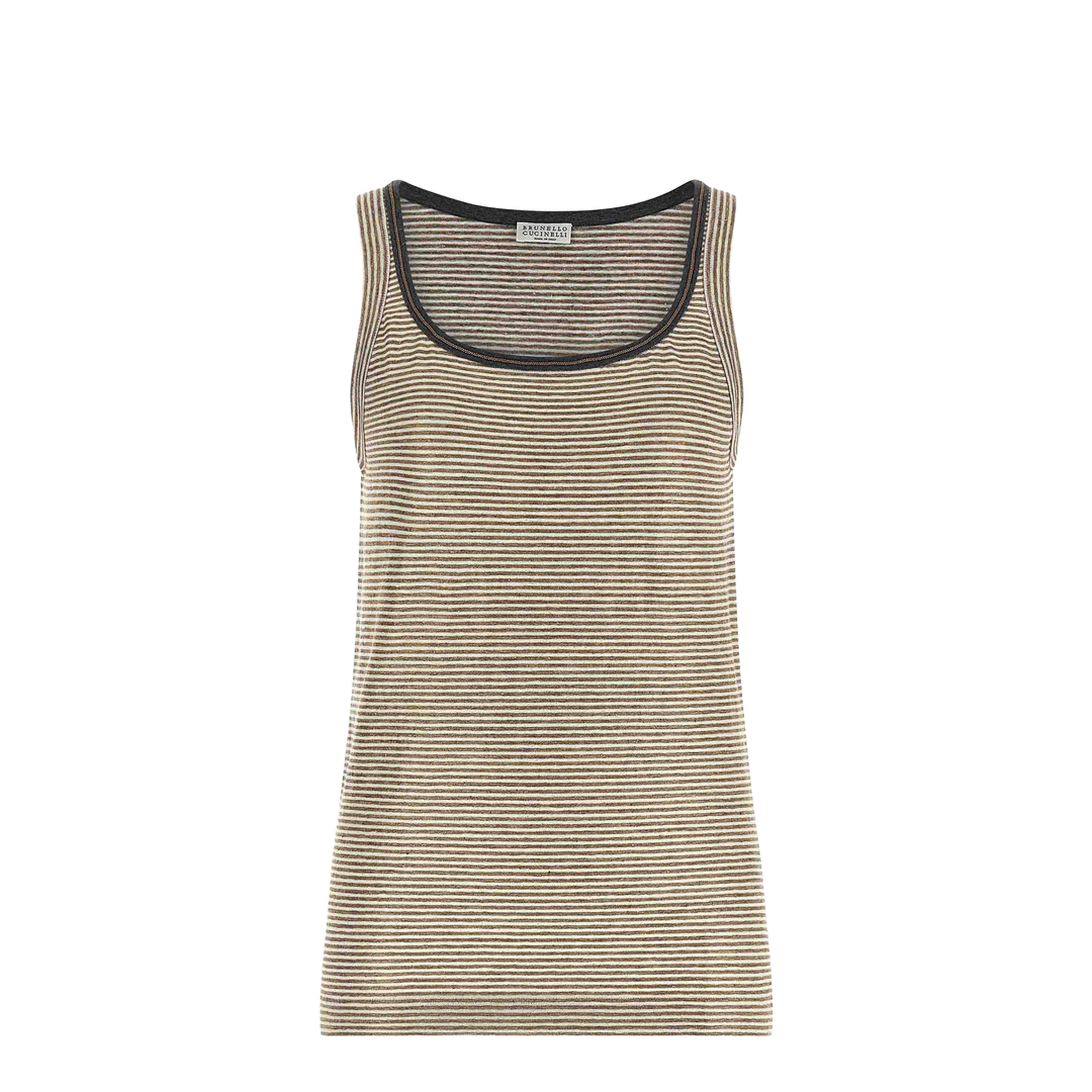 Linen Striped Crew Neck Top with Contrasting Trim and Necklace