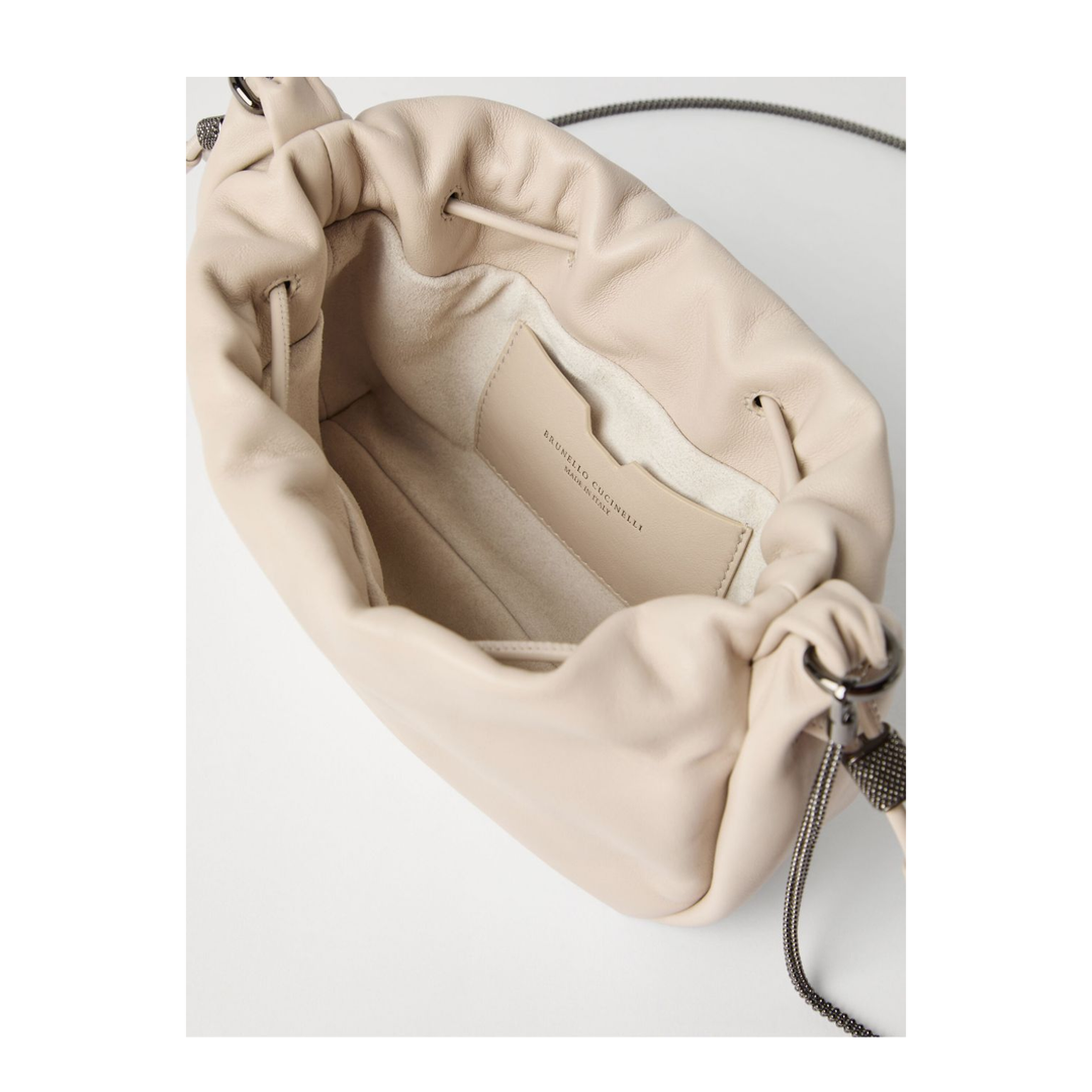 Mellow Beige Crossbody Bag with Drawstring Closure and Chain Shoulder Strap