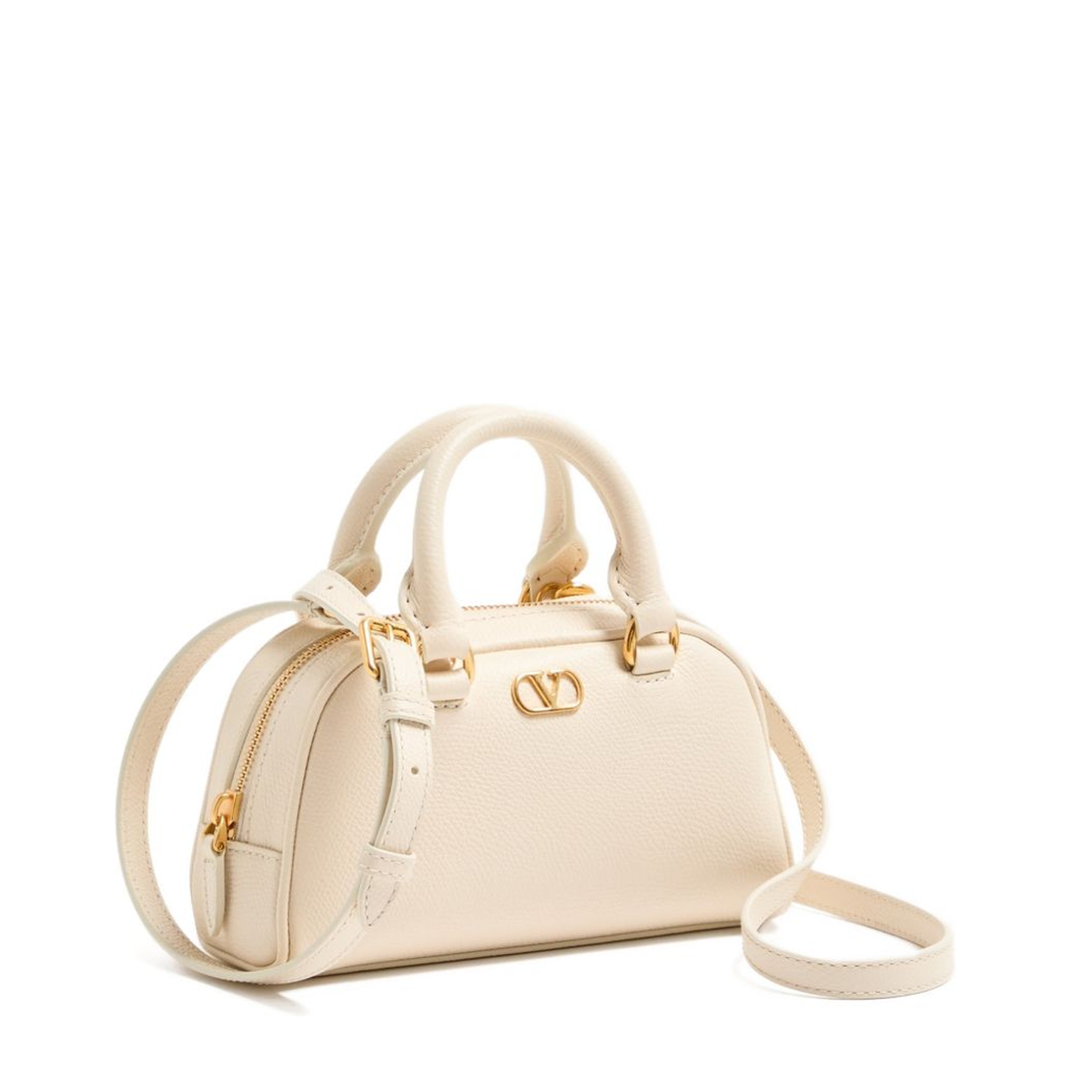 VLogo Signature Mini Grainy Calfskin Bowling Bag - Light Ivory