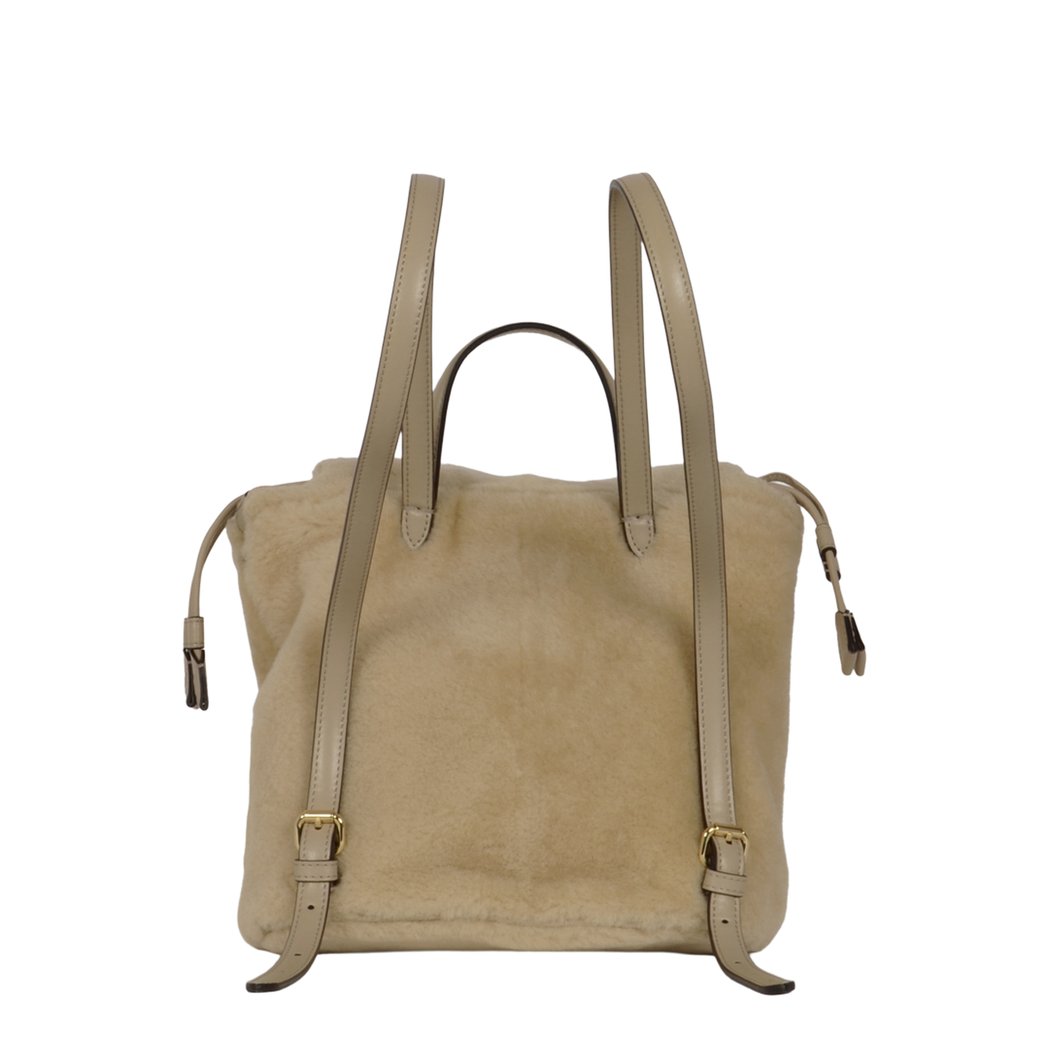 Drawstring Shearling Backpack - Beige