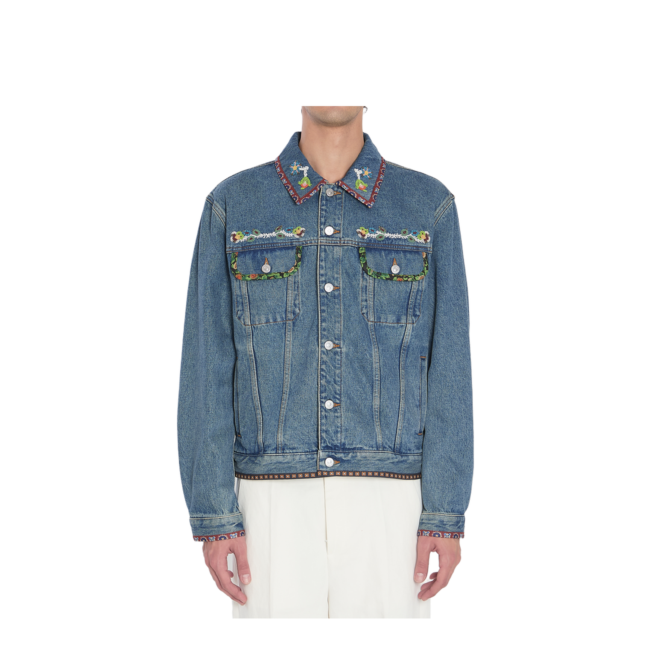 Denim Jacket With Beaded Embroidery And Printed Edges