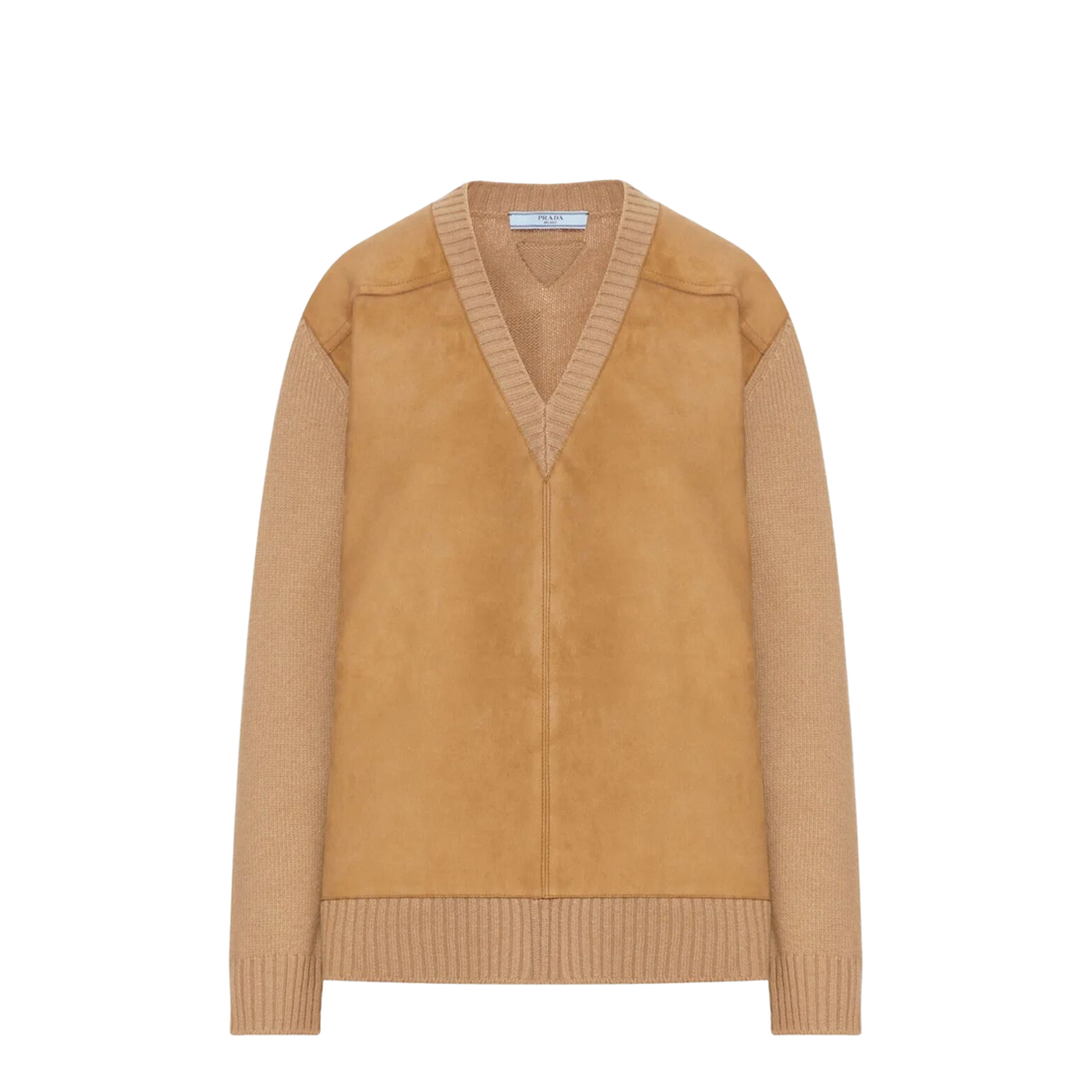 Suede-Panel V-Neck Wool Sweater