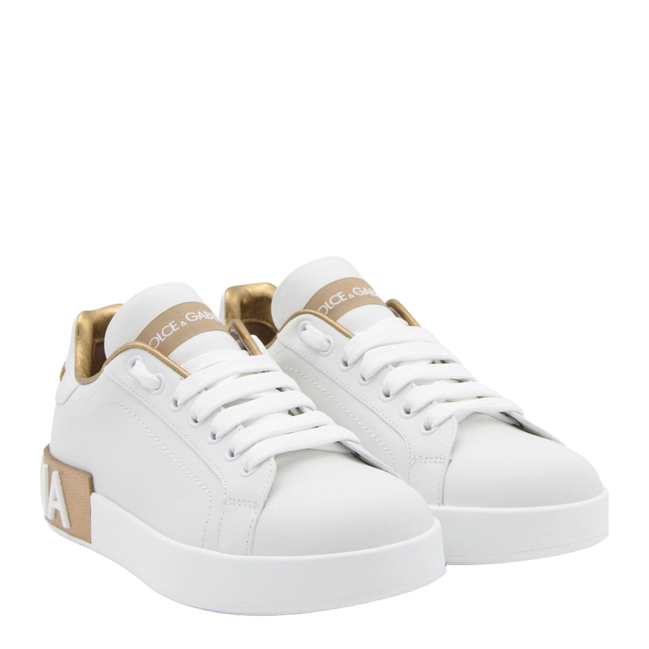 White Calfskin Low-Top Sneakers with Gold Details