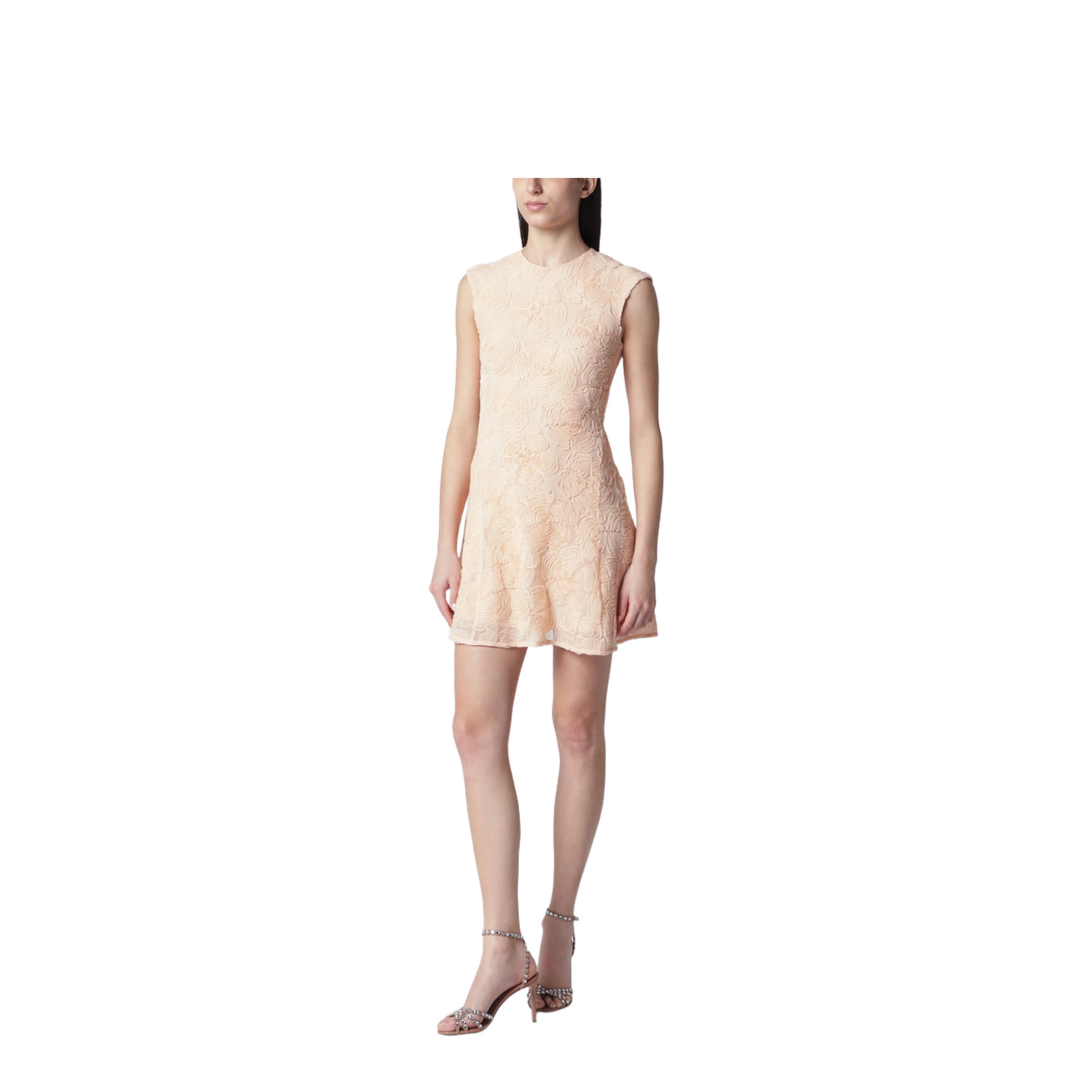 Vanilla-colored mini dress with floral appliqués