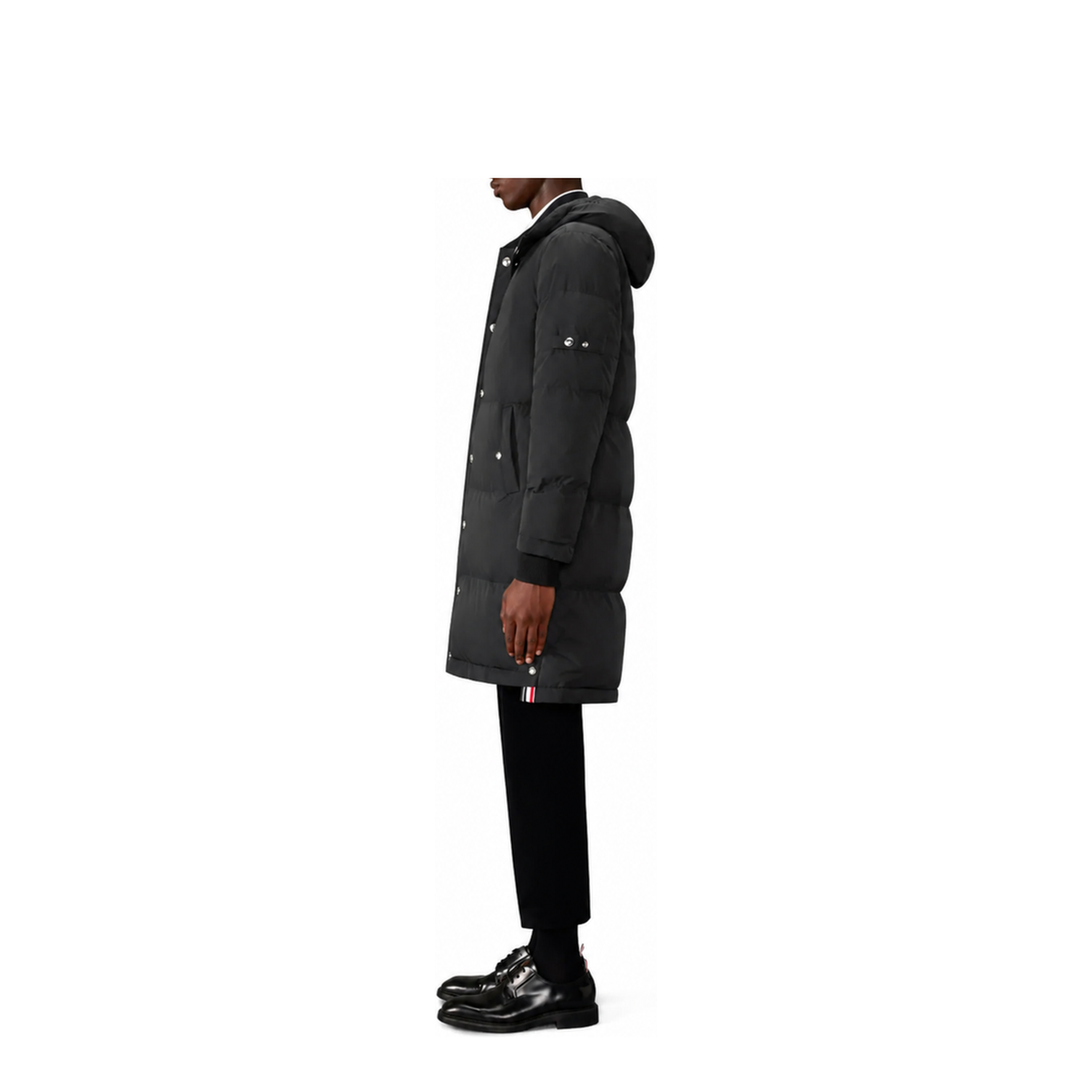 MAYFEYR - Thom Browne - Downfilled Snap Front Detachable Hood Coat W/ Self Armband (42") In Poly Tech O.P. - MOD094YF1090001