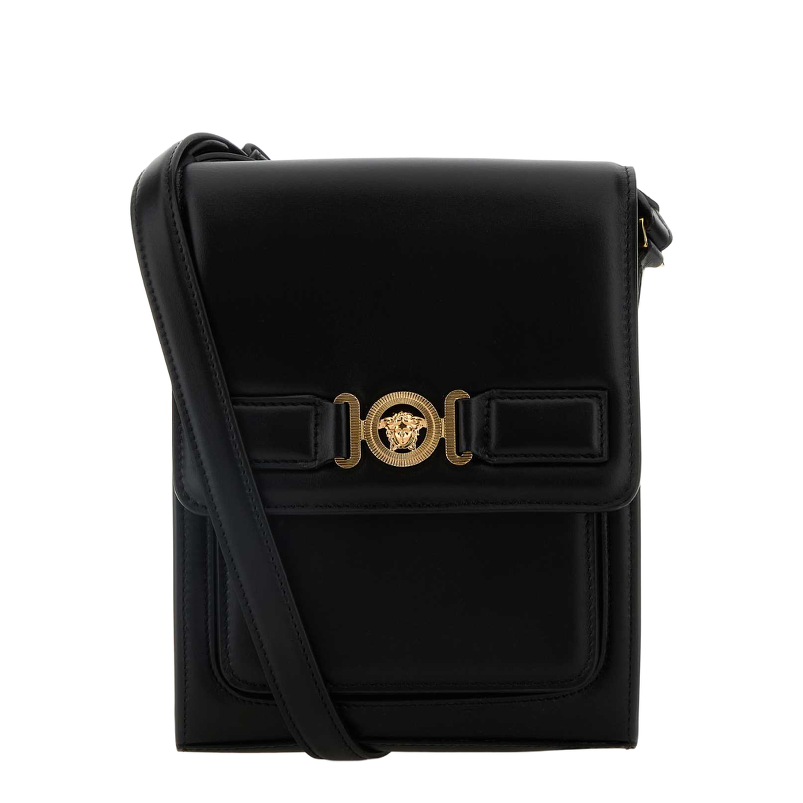 Black Leather Medusa Biggie Crossbody Bag