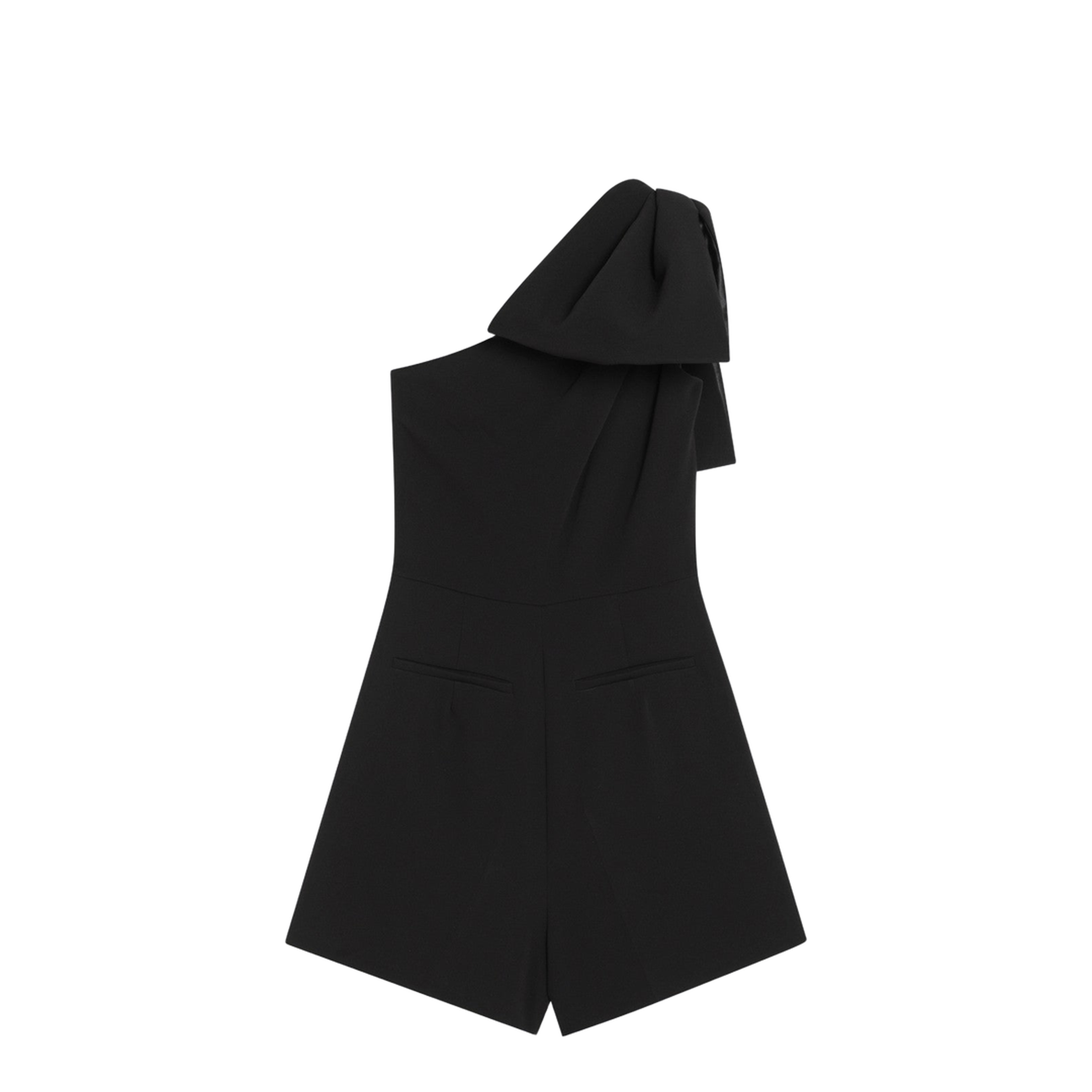 One-shoulder short jumpsuit in black cady