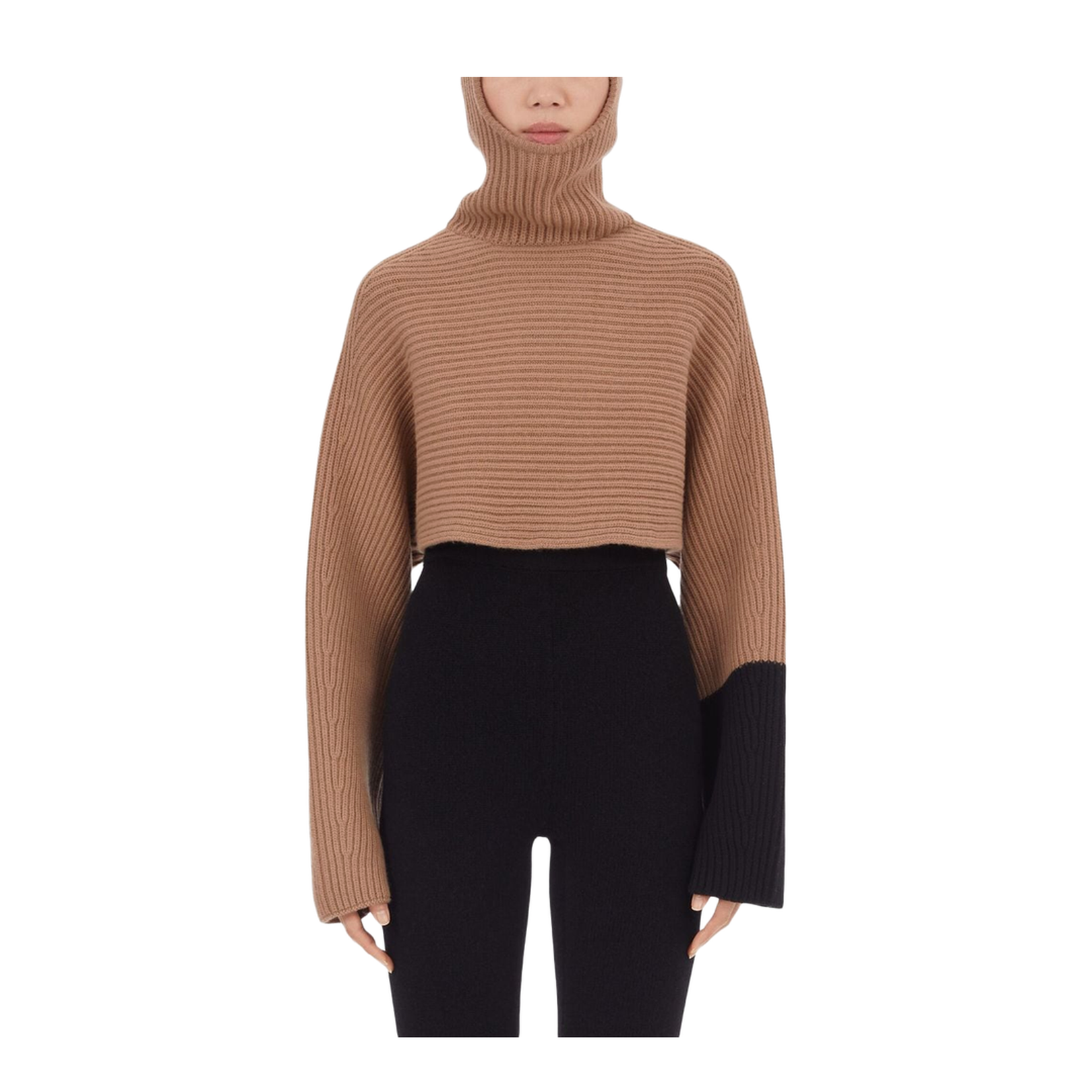 Beige Color-Block Cropped Hoodie