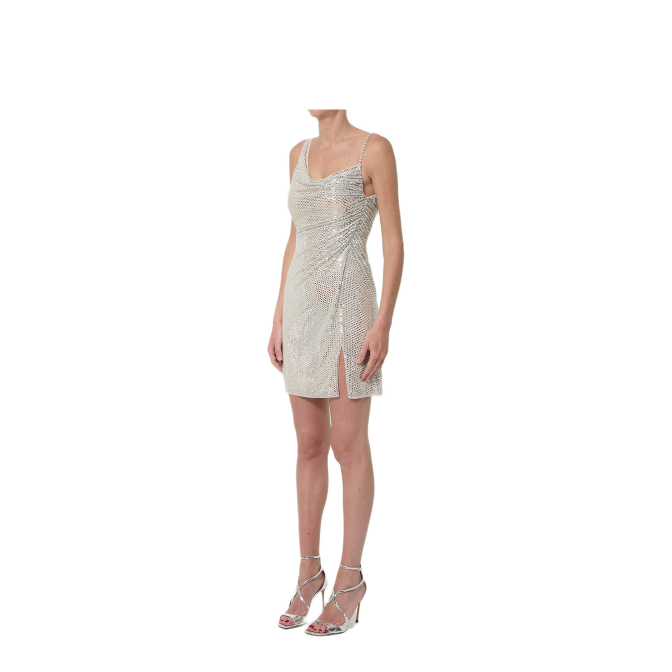MAYFEYR - Self Portrait - Silver Rhinestone Draped Mini Dress - PF26041SCH