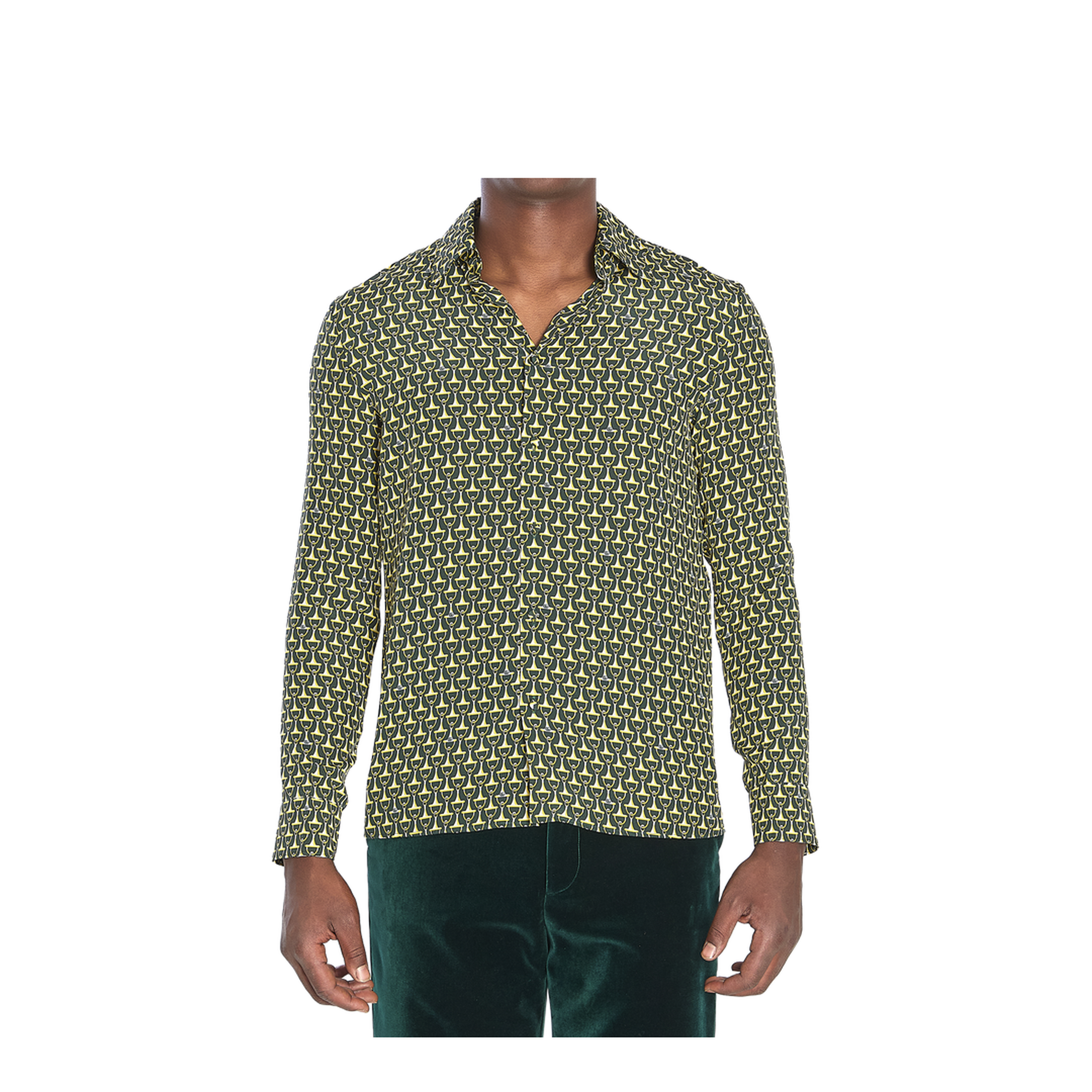 Crêpe de Chine Silk Shirt in Dark Green and Gold