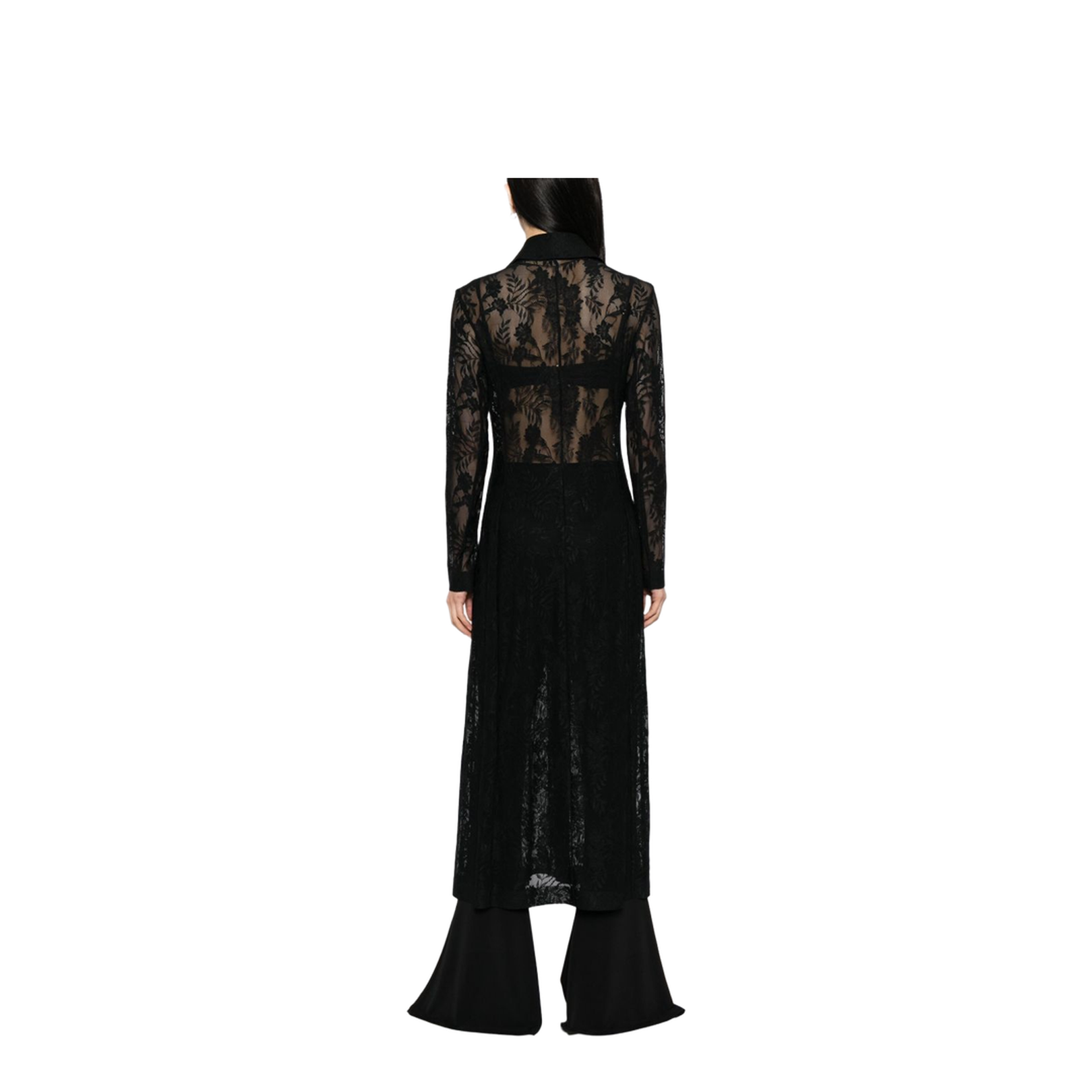 Black Open Front Floral-Lace Detailing Long Coat