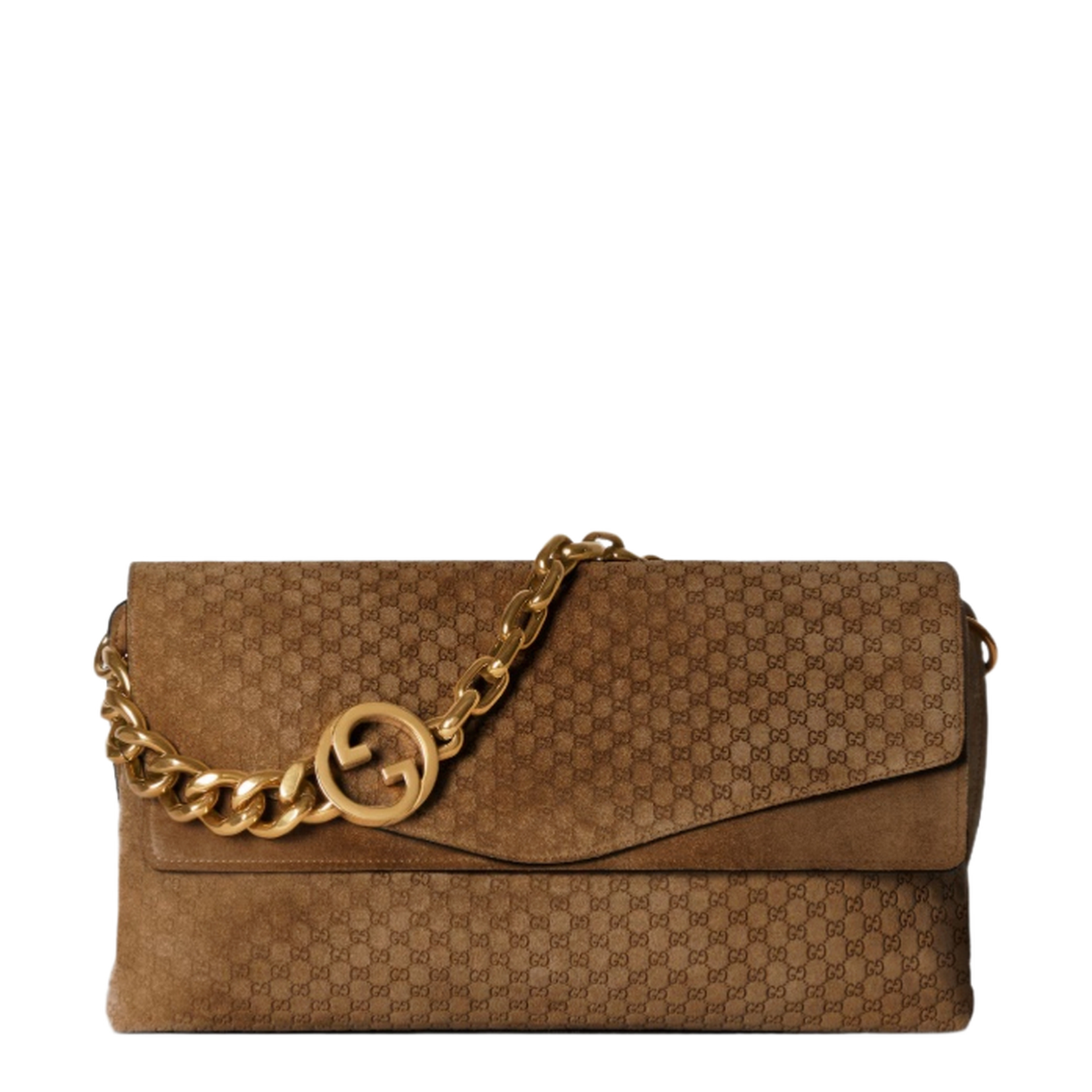 Large Shoulder Bag with Chain in Brown GG Suede