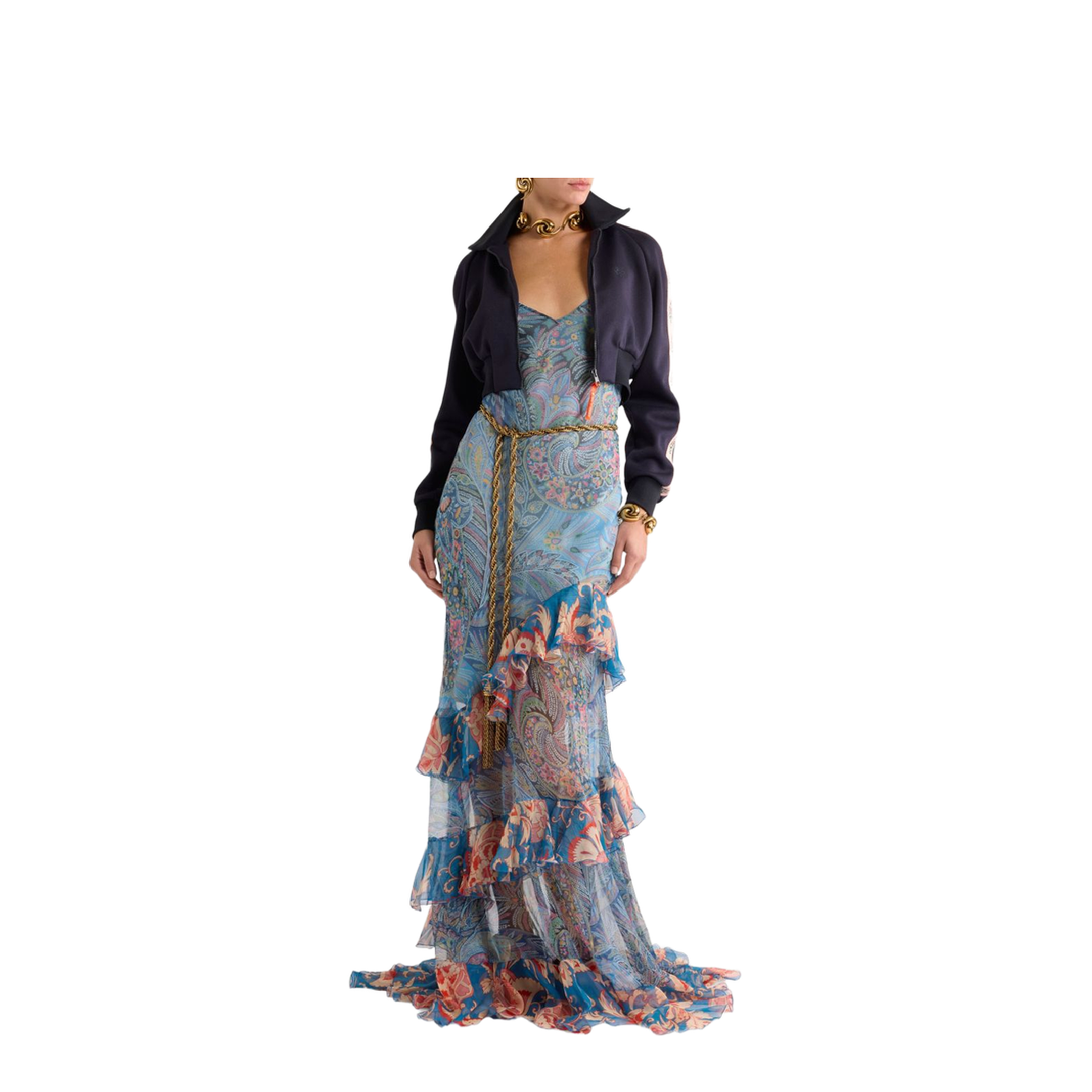 Long Dress in Silk with Ruffles and Floral Motif