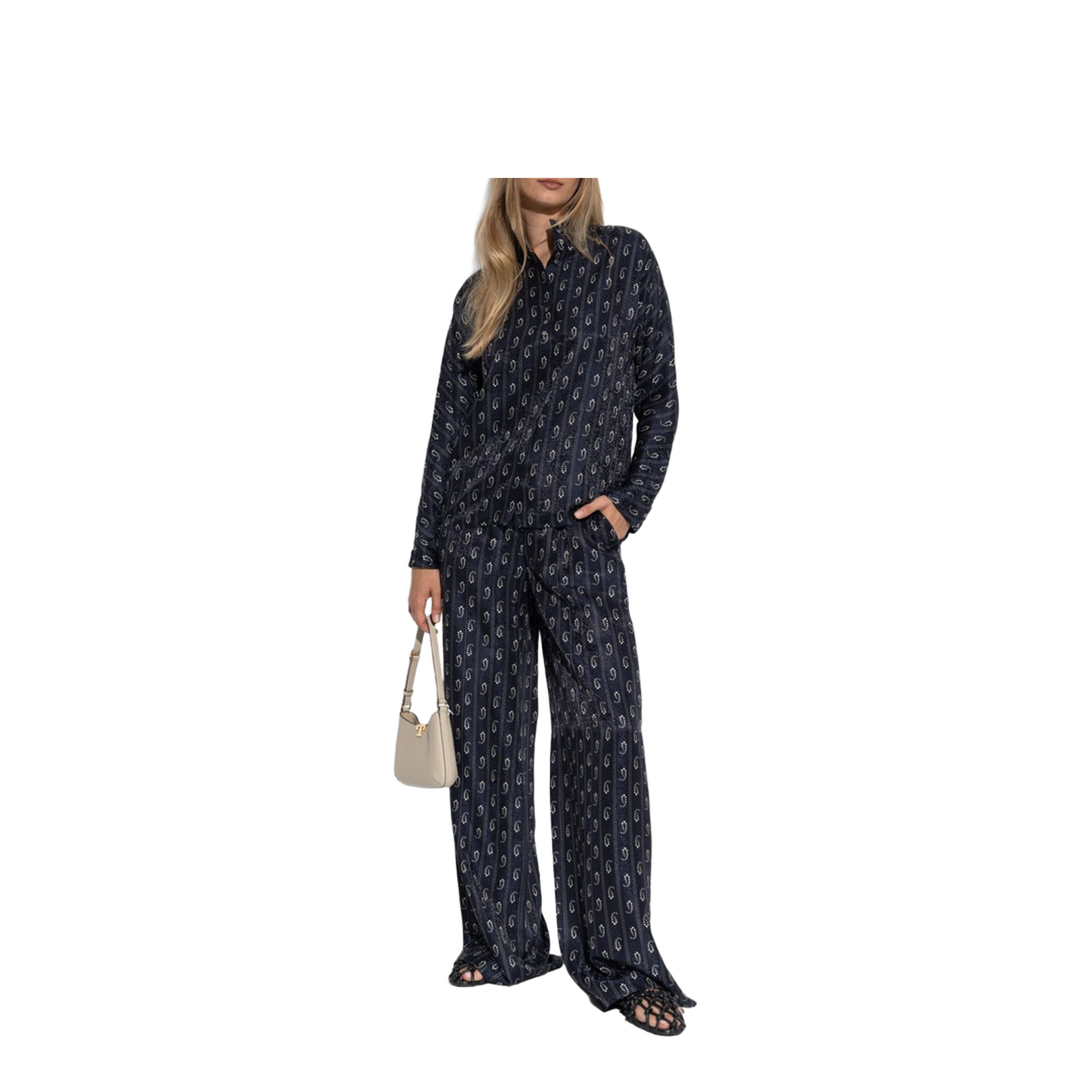 Navy Blue Paisley Print Button Fastening Mandarin Collar Long Sleeves