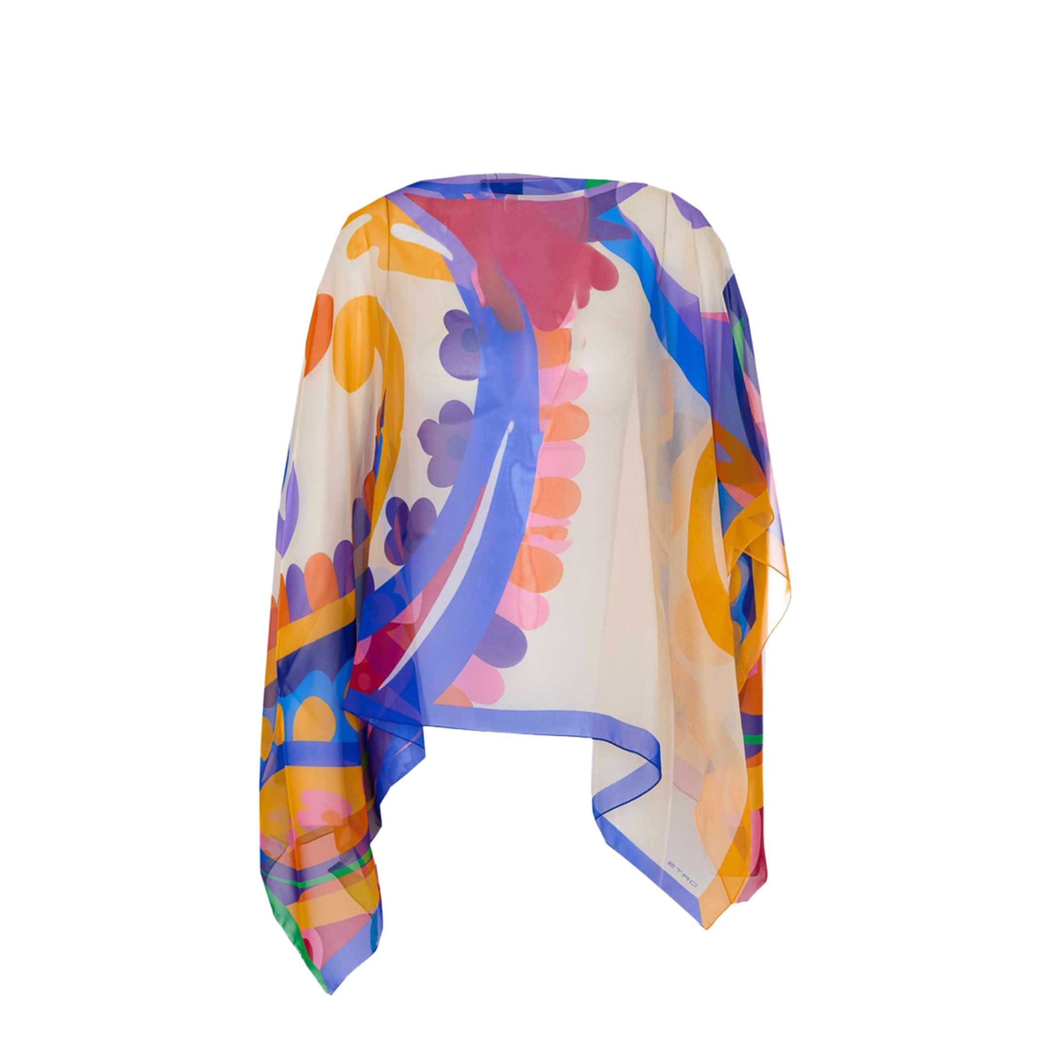 White Georgette Oversized Paisley-Print Asymmetric Poncho