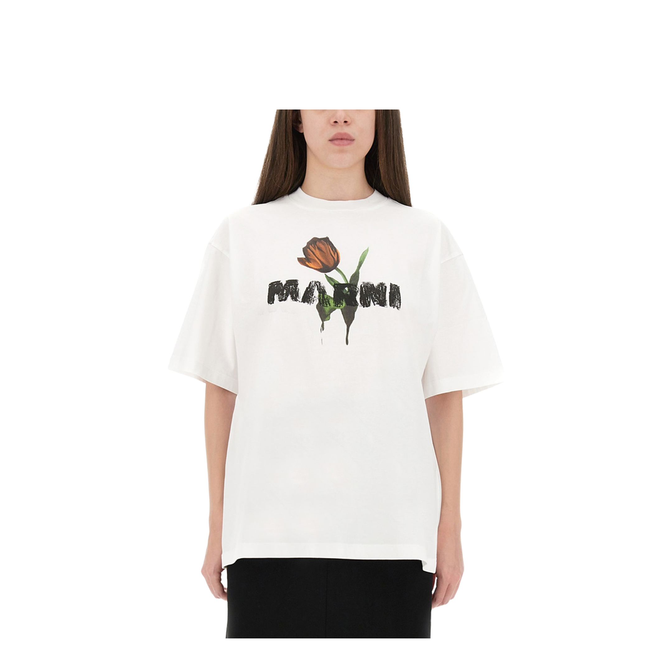 White Cotton T-Shirt with Tulip Print