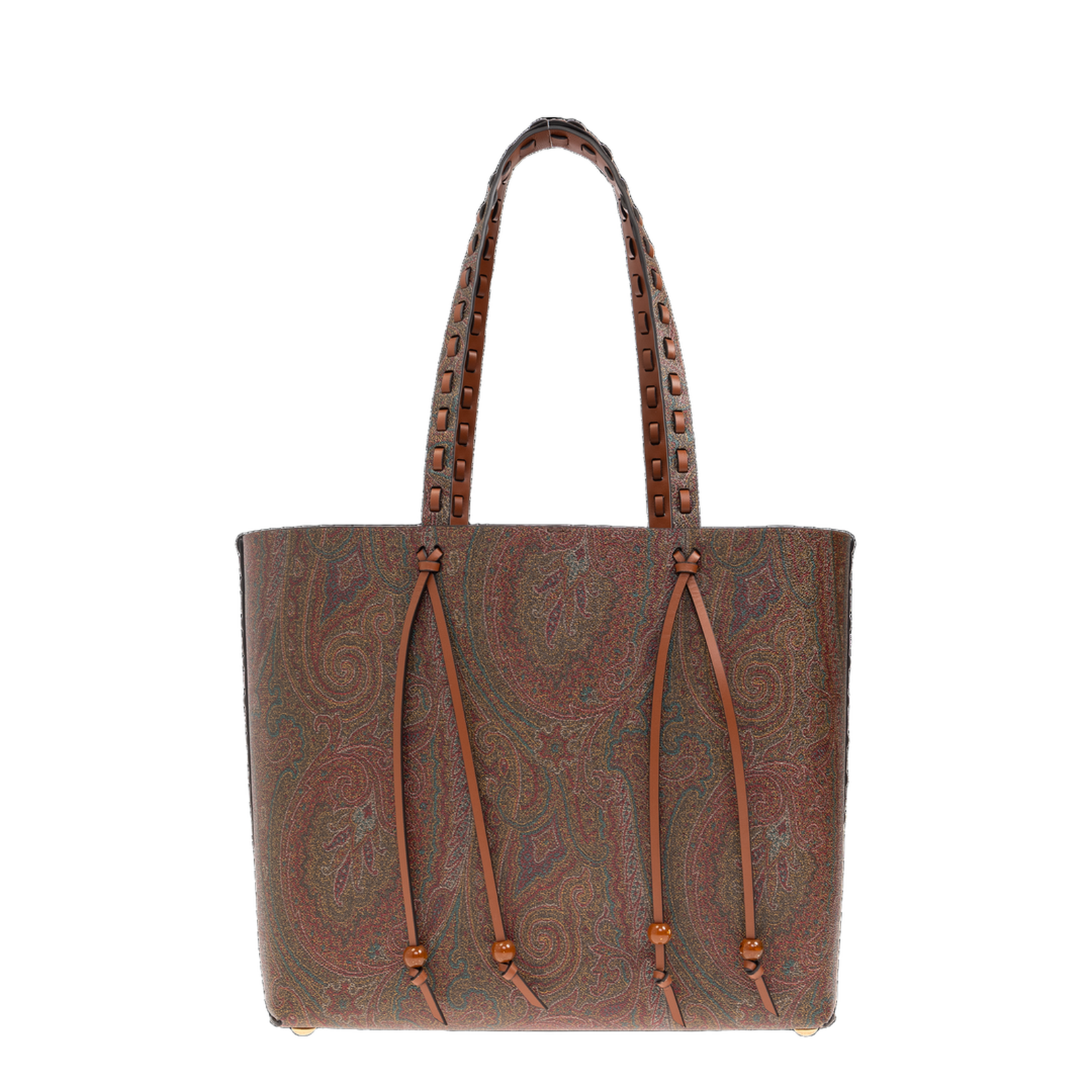 Brown Calf Leather Paisley-Print Shopping Bag