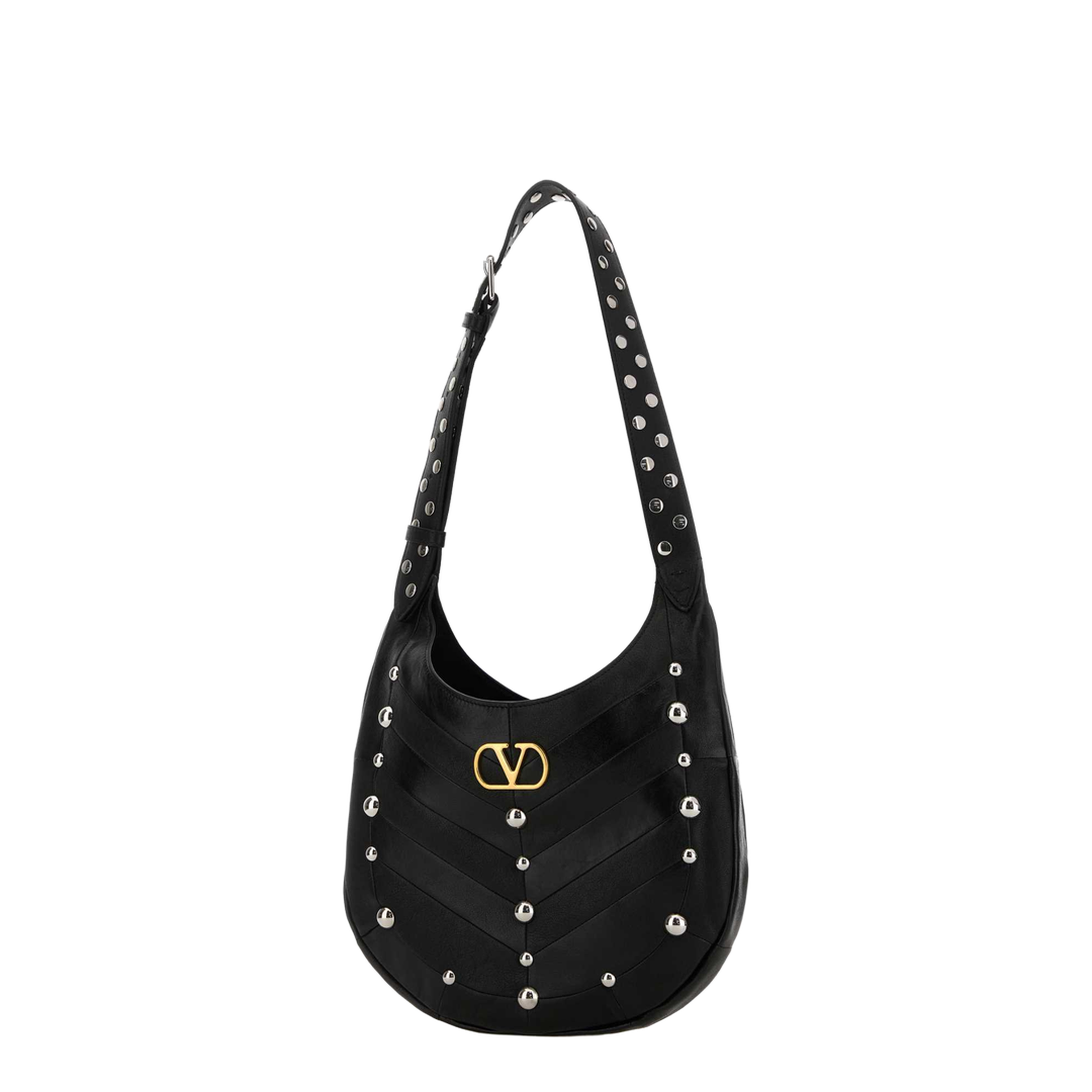 Hoboho Nappa Leather Hobo Bag With Chevron Pattern And Studs Black