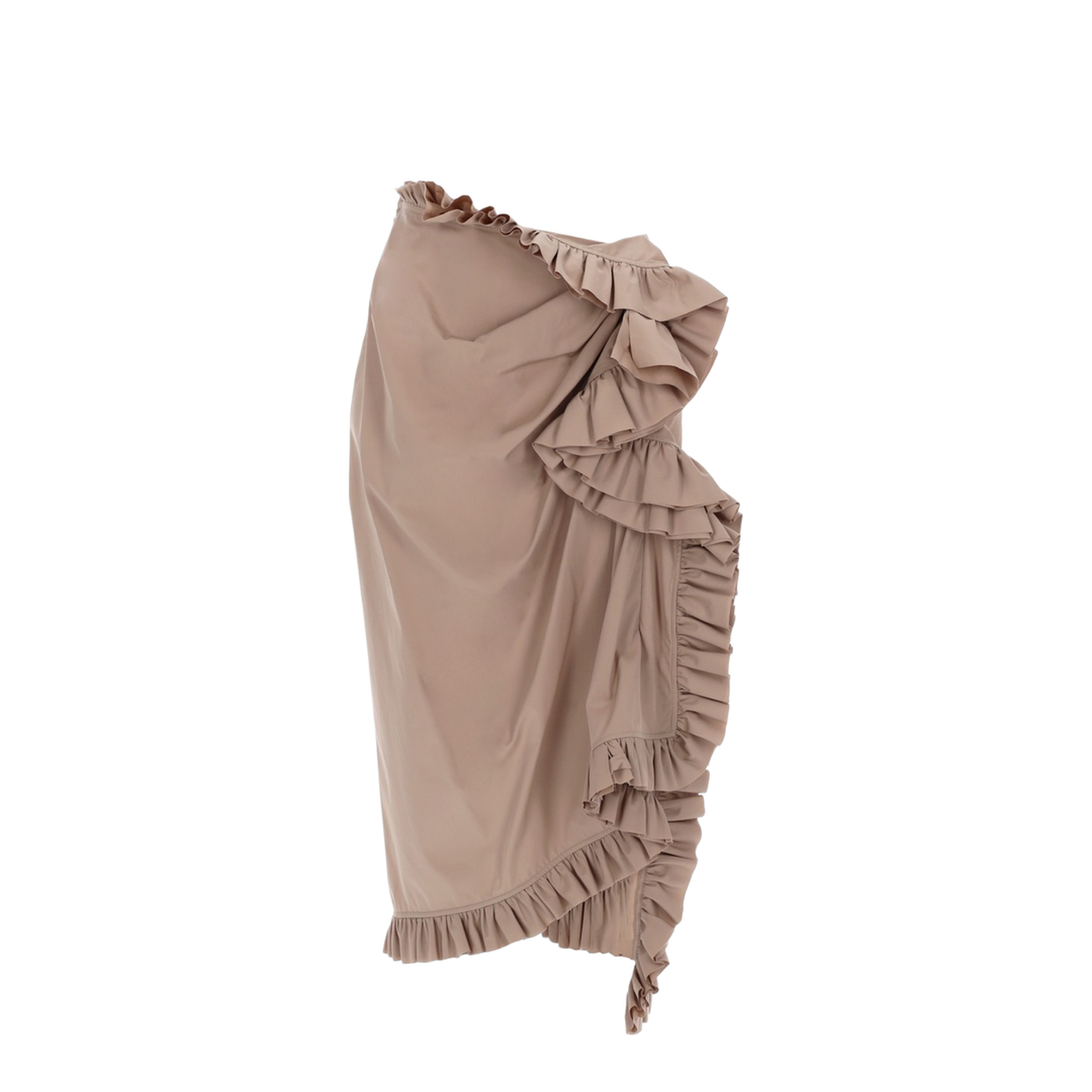 Beige Poplin Asymmetric Ruffled Midi Skirt