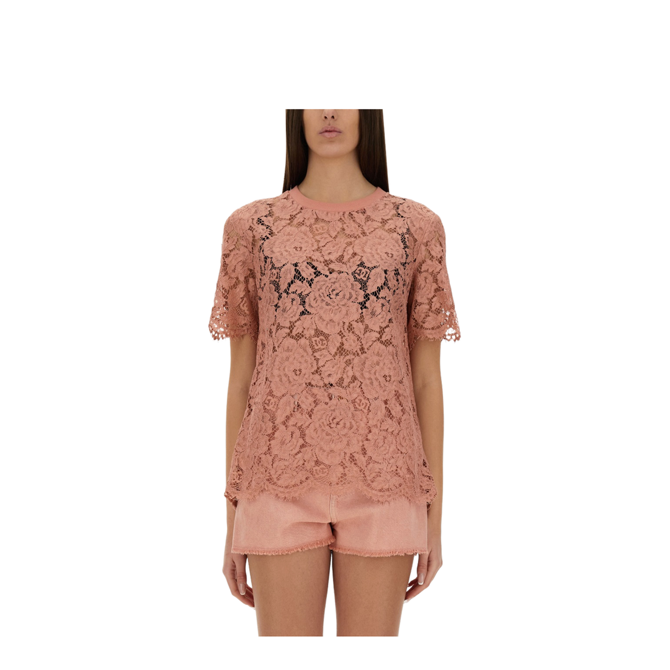 Short-sleeved Cordonetto Lace T-shirt in Pink