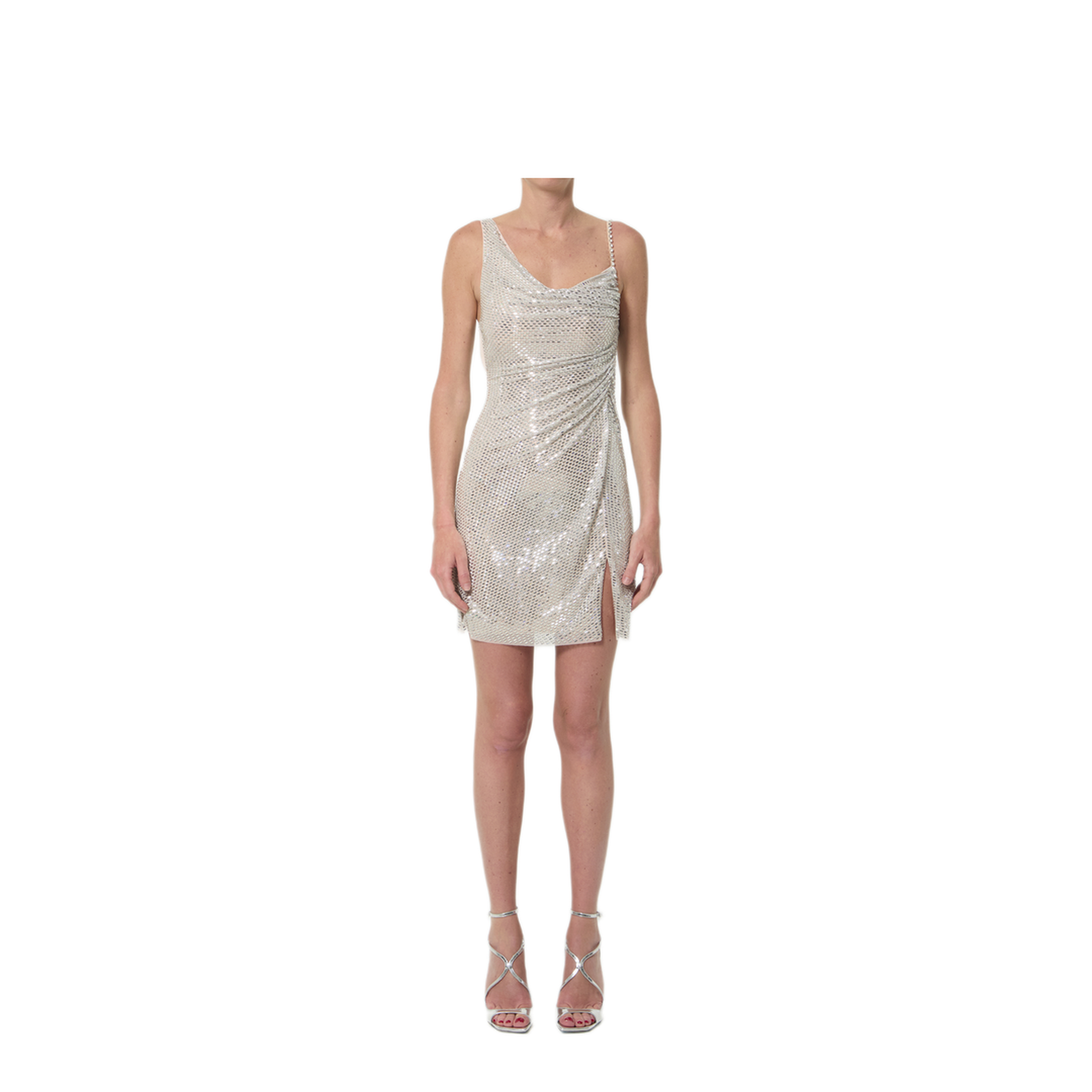 MAYFEYR - Self Portrait - Silver Rhinestone Draped Mini Dress - PF26041SCH