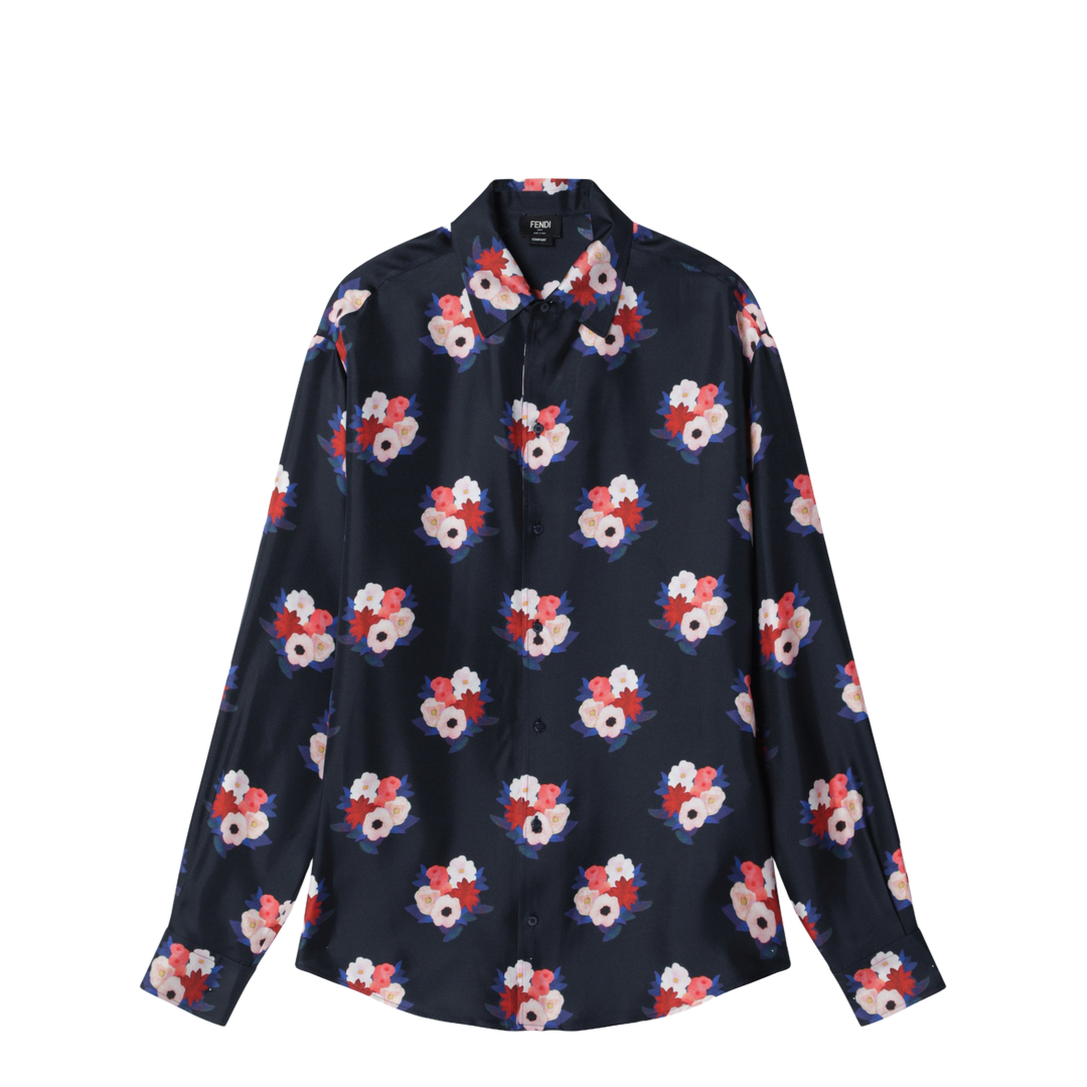 Dark Blue Satin Shirt with Floral Print