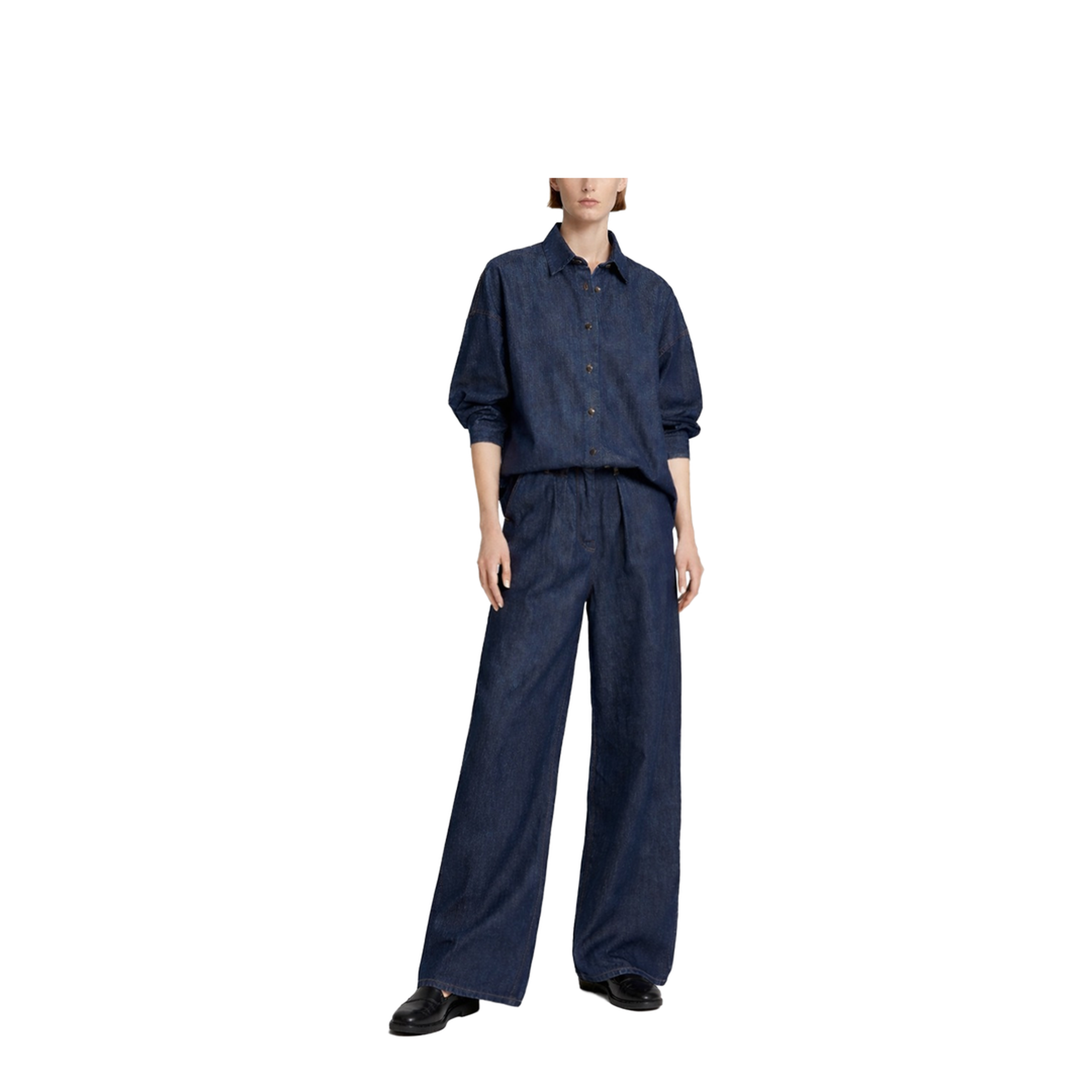 Indigo Denim Wide-Leg Trousers with Pleats