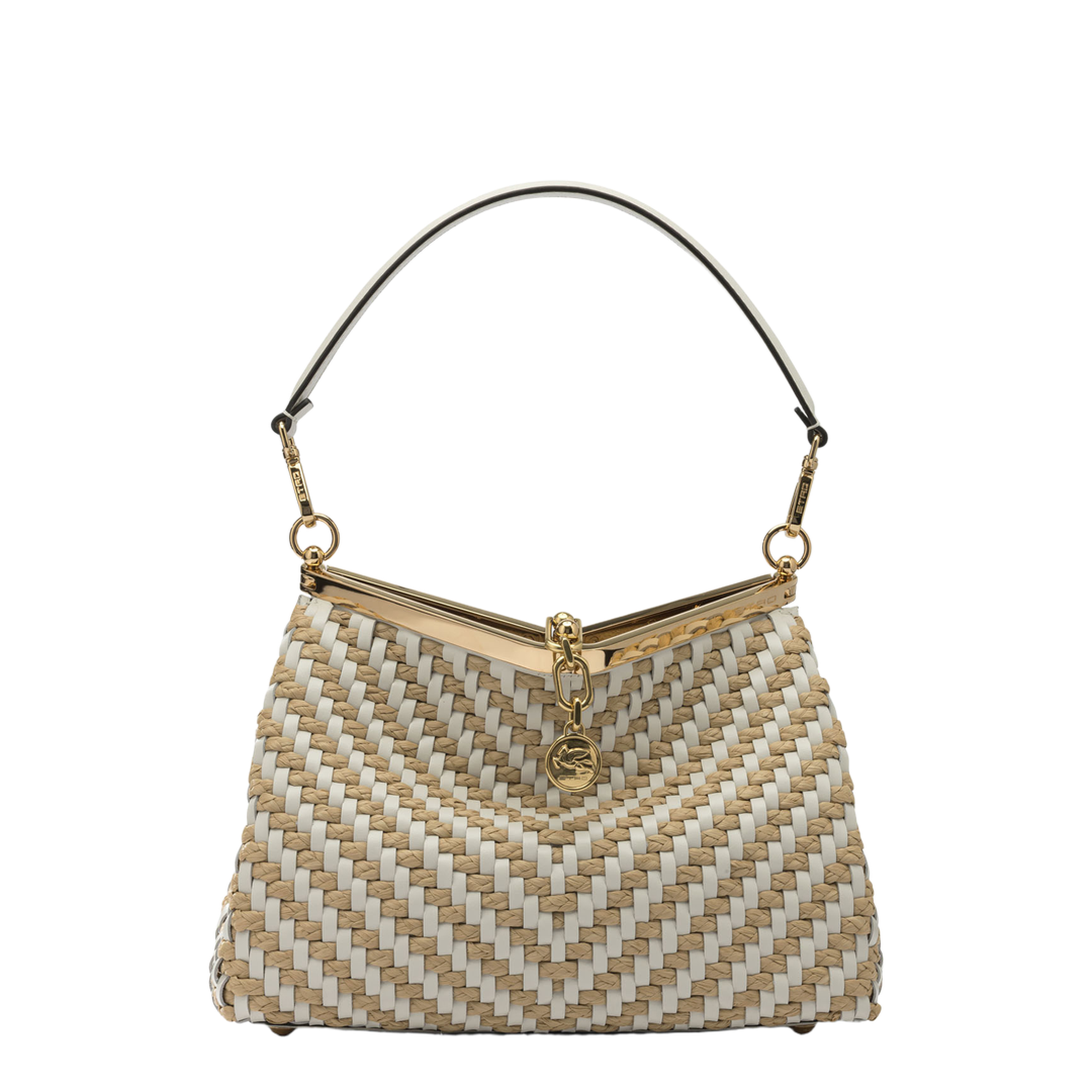 Vela Medium Woven Leather and Raffia Shoulder Bag - White