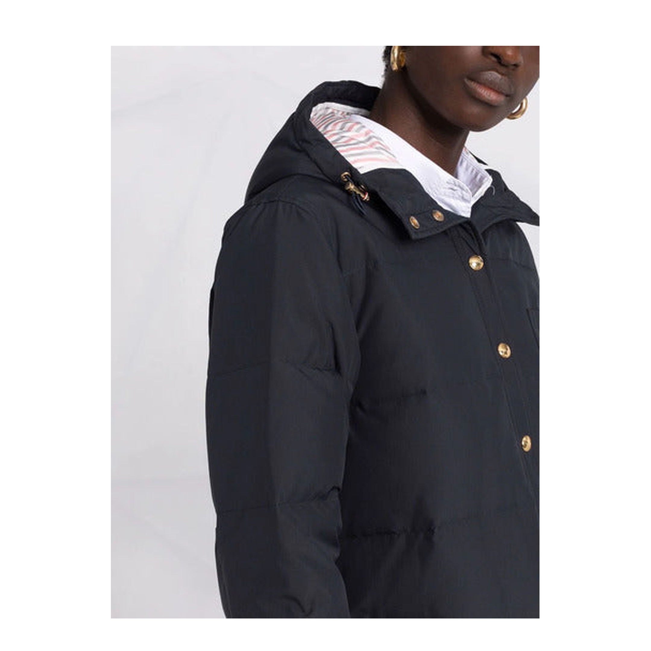 MAYFEYR - Thom Browne - Down Filled Below Knee Hooded Shirtdress W/ 4 Bar In Military Ripstop - FOD025X05222415