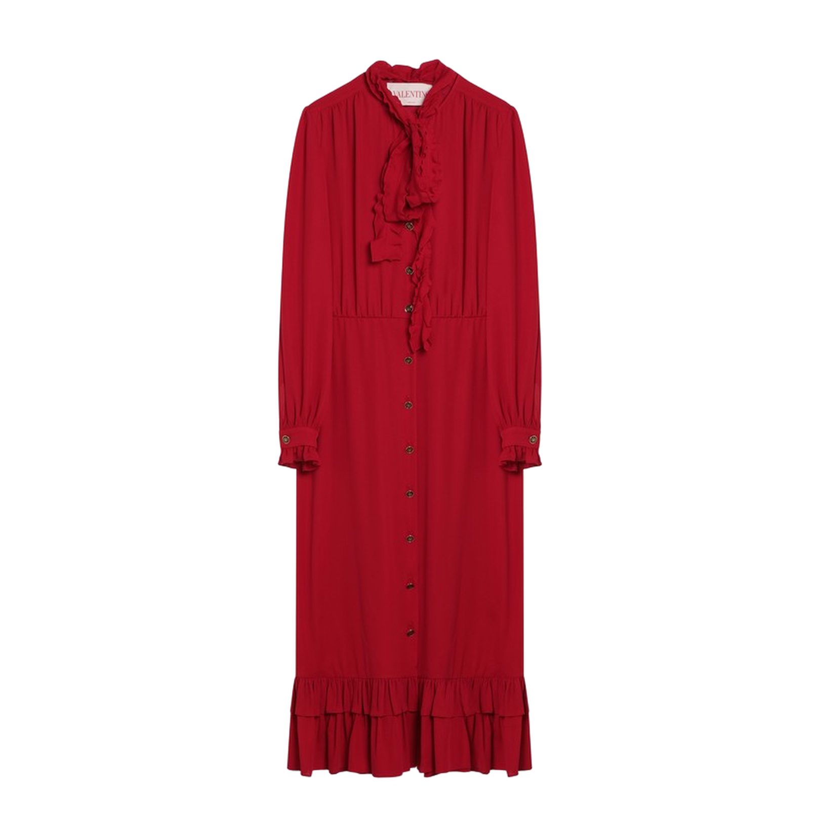 Red Silk Midi Dress with Ruffled Bow
