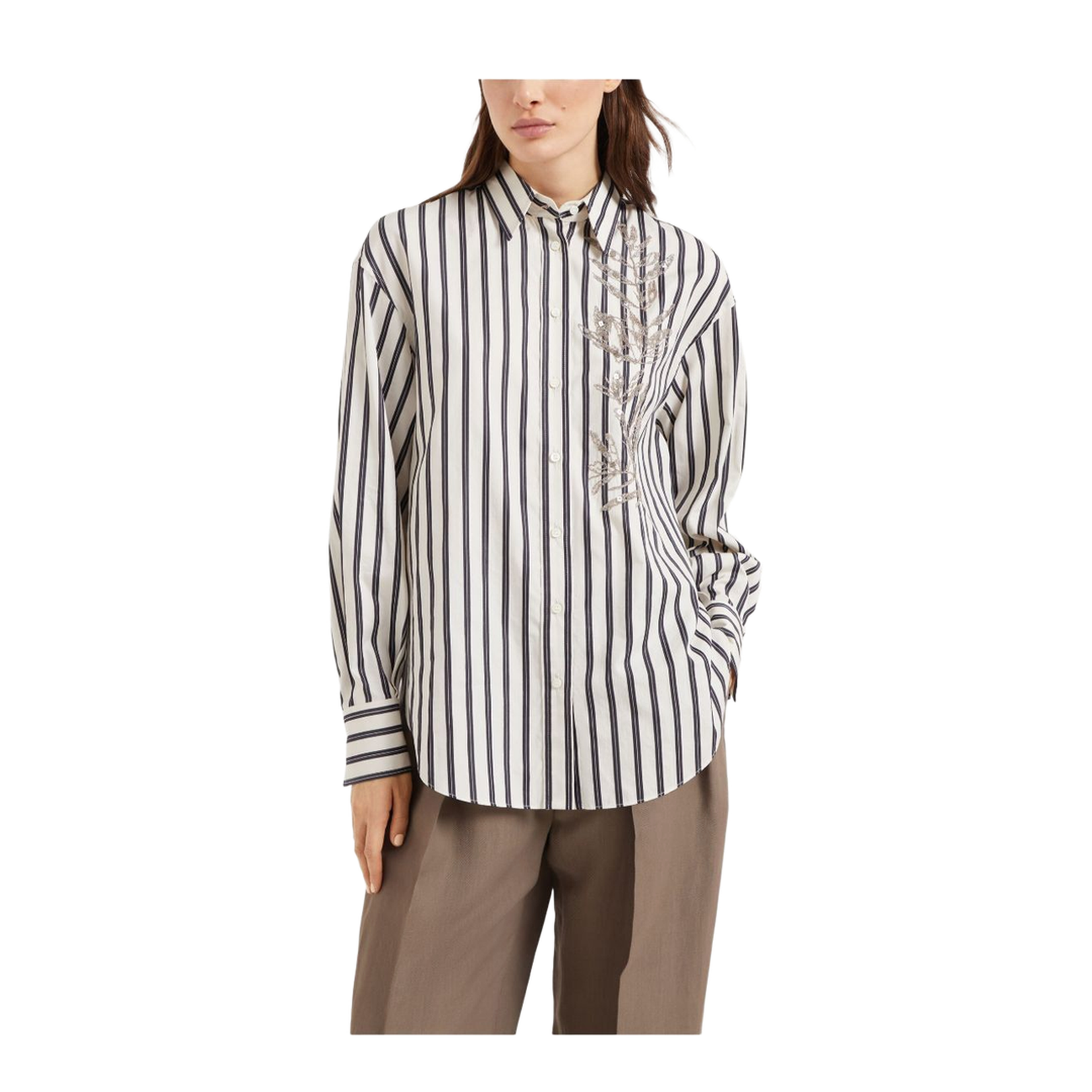 Cotton Striped Shirt with Glistening Flora Embroidery