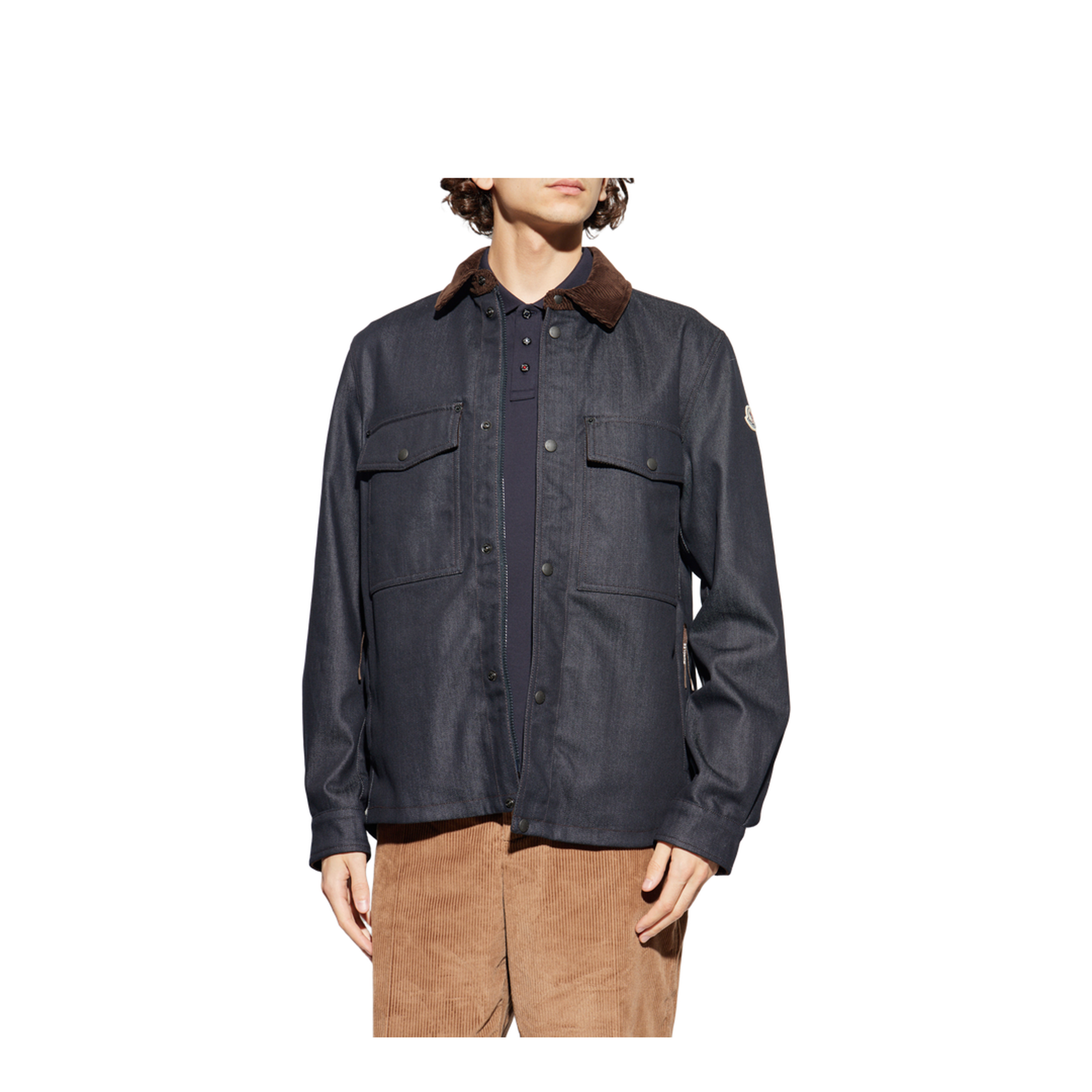 Dark Blue Denim Corduroy-Trimmed Shirt Jacket