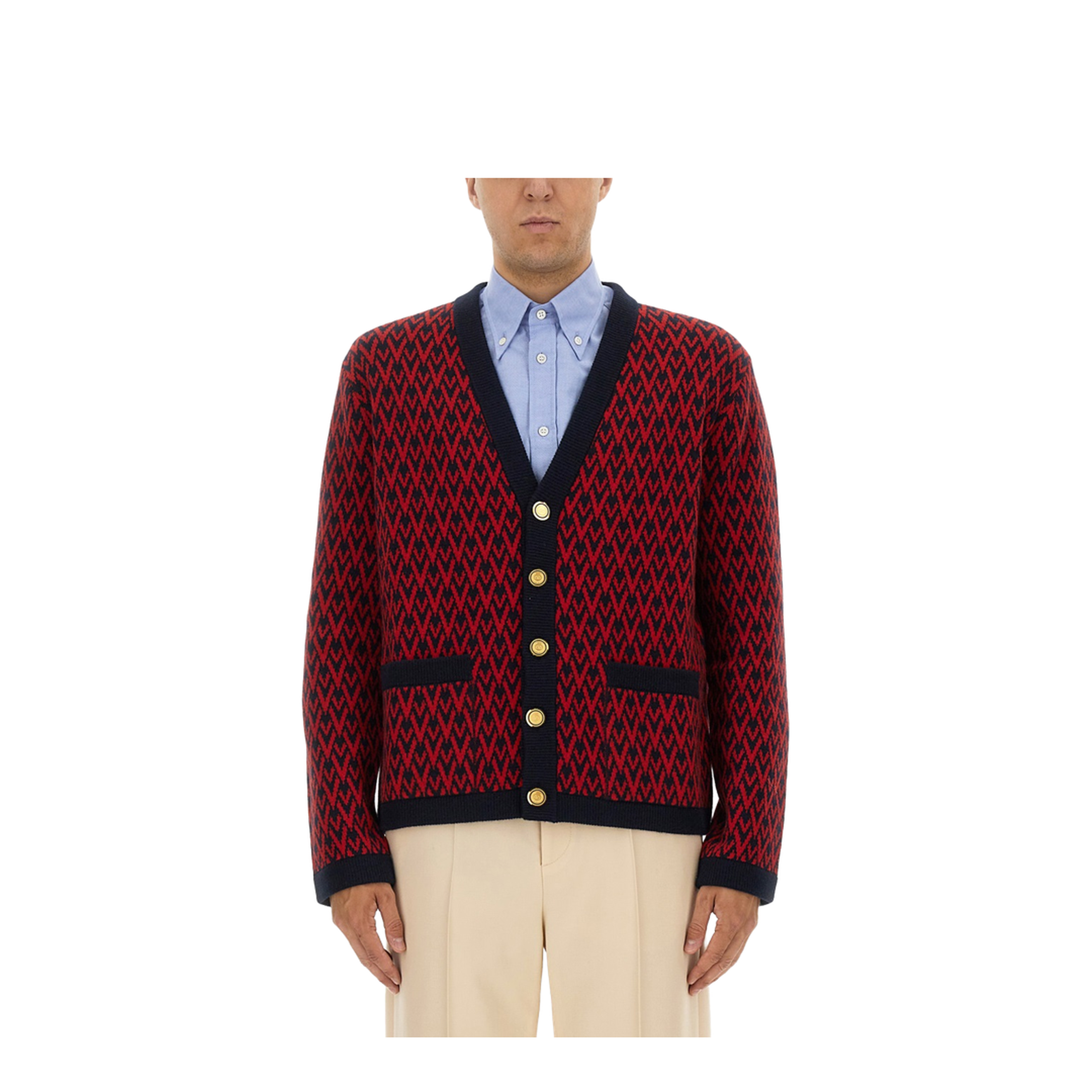 Navy and Red Wool V-Pattern Cardigan
