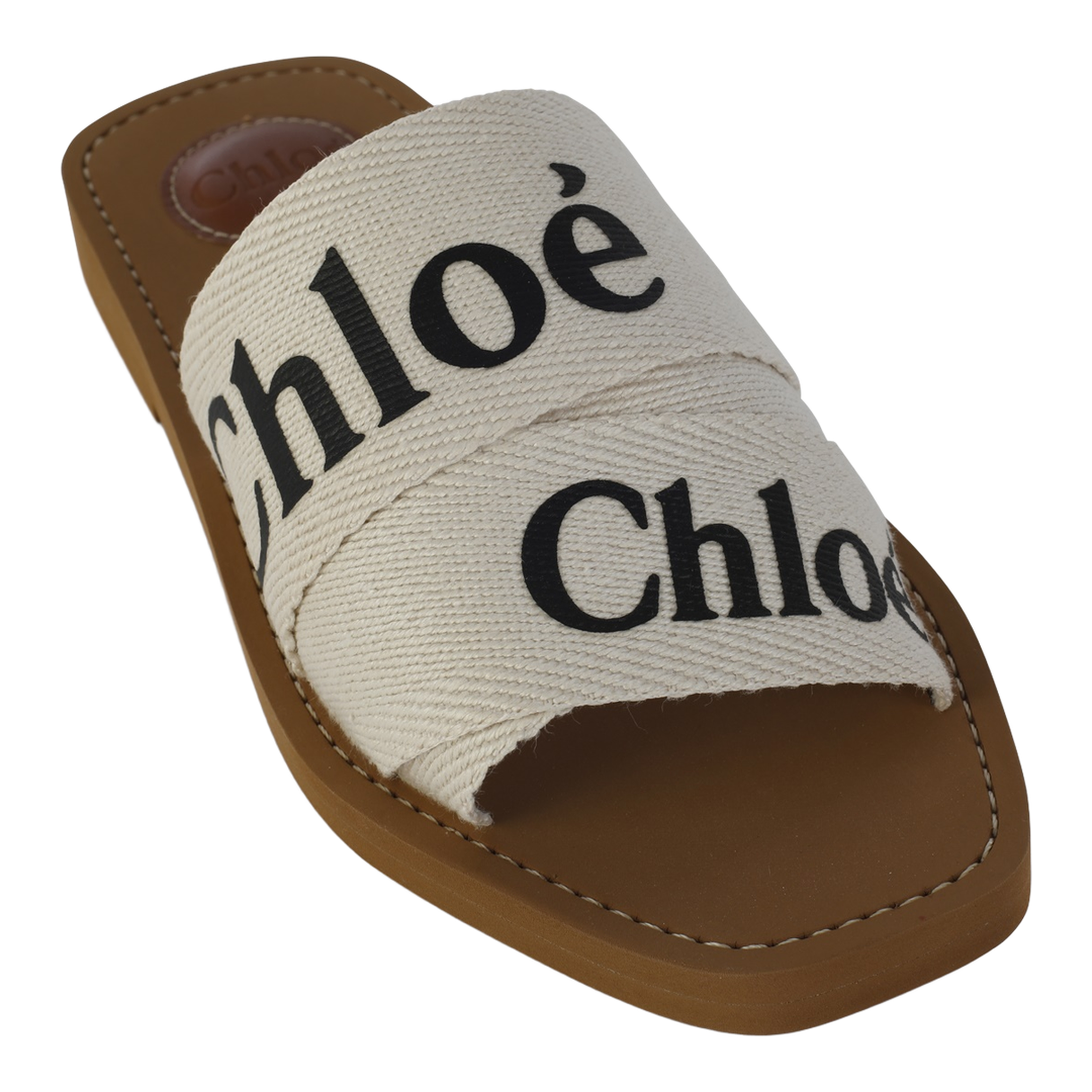 White Linen All-Over Logo Print Low Stacked Heel