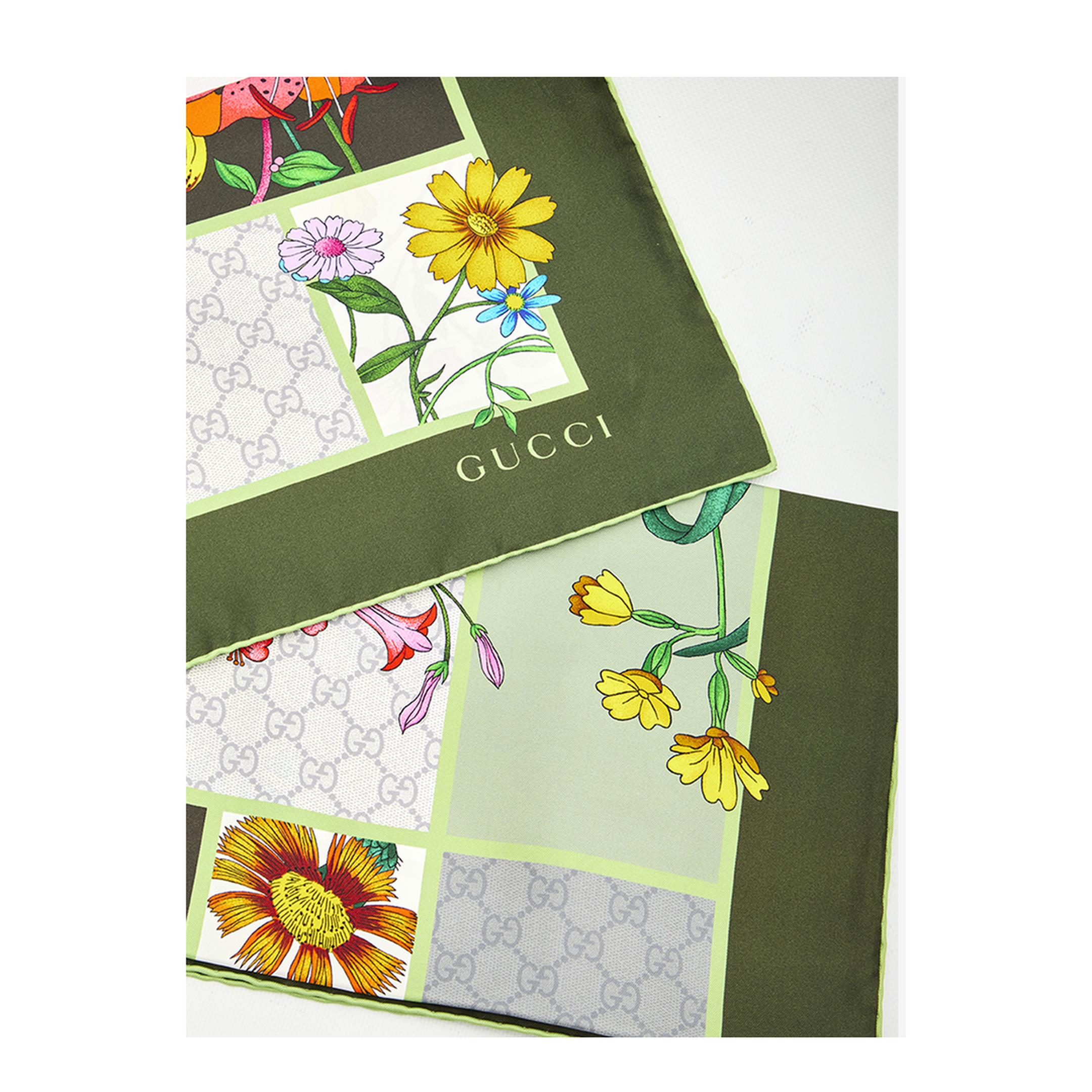 Green Silk Twill Scarf with Flora Print