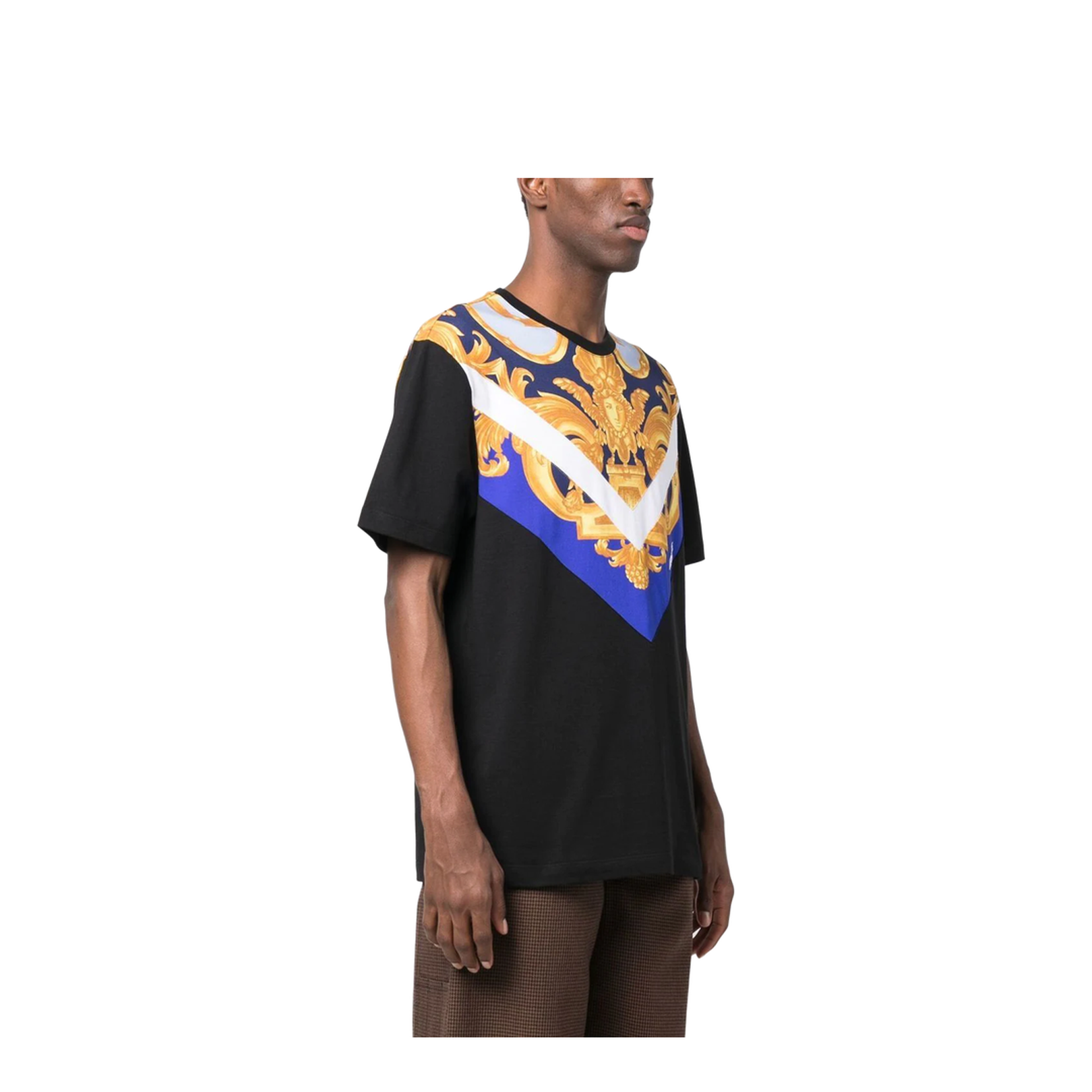 Black T-Shirt with Baroque Print on the Front and Back in Cotton